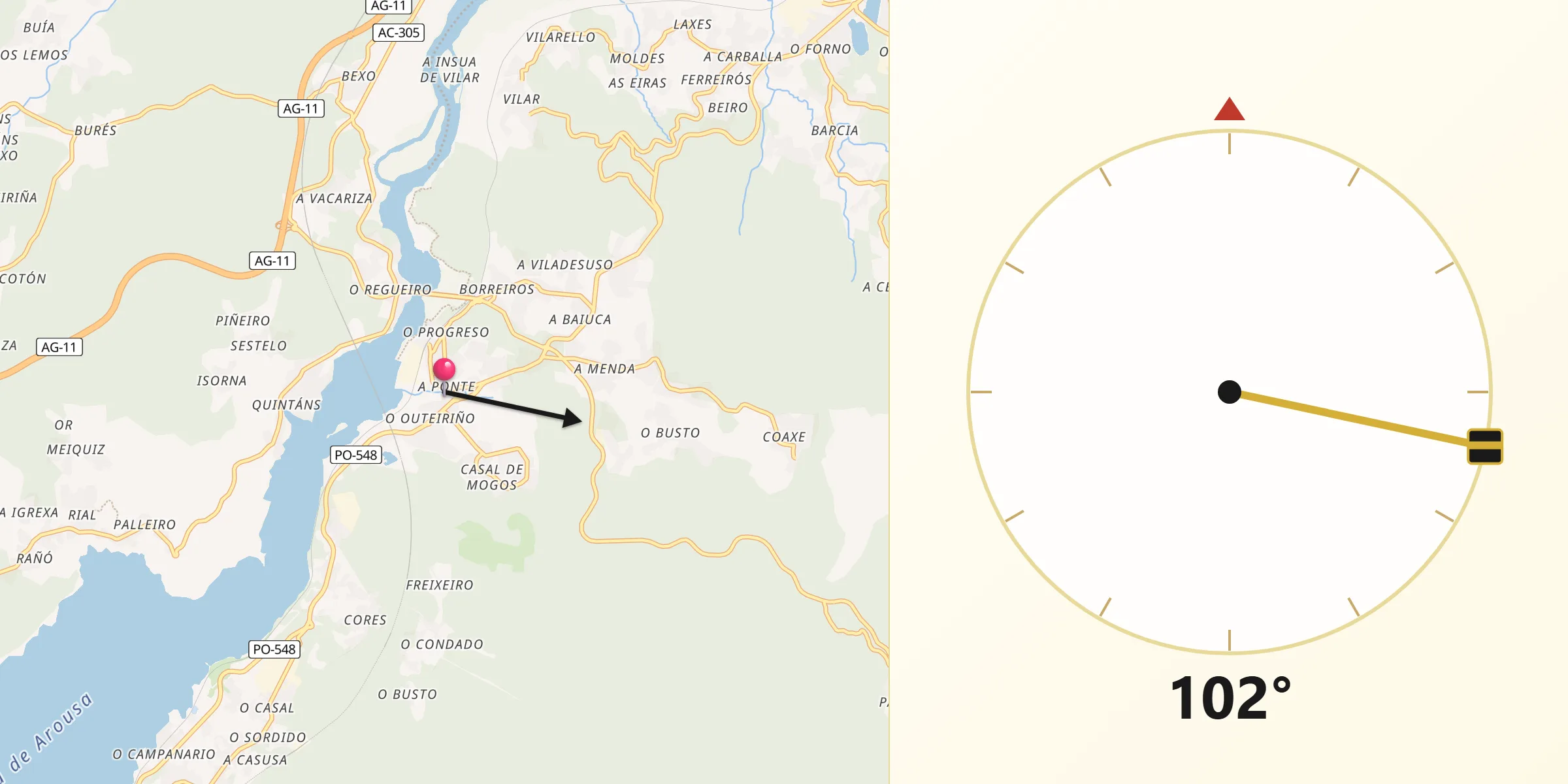 Dirección de la Qibla desde Catoira