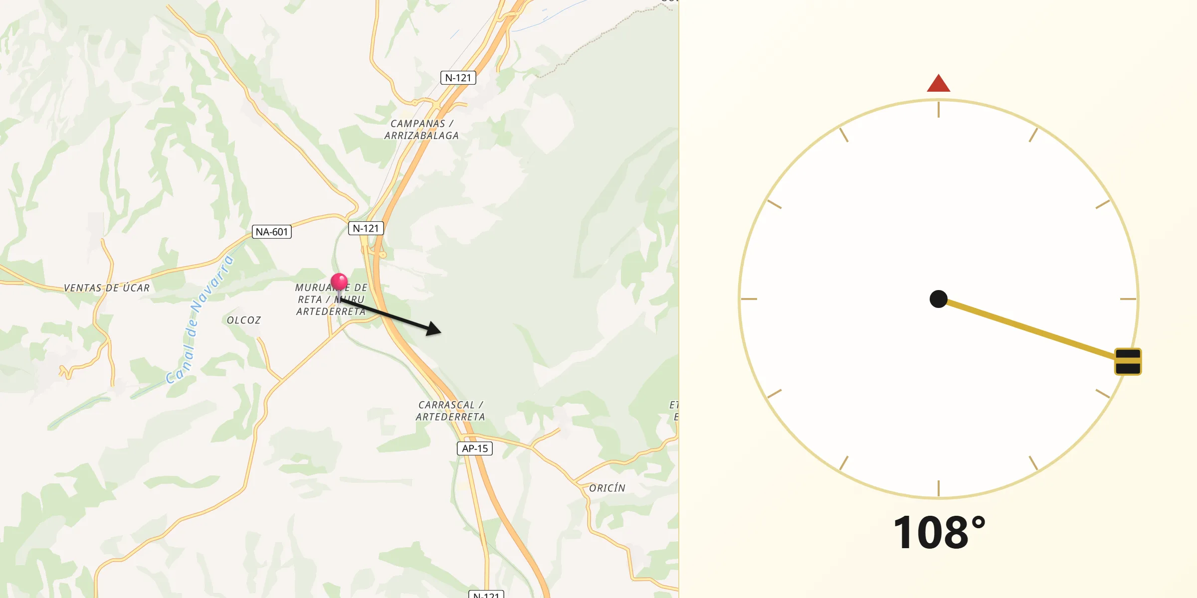 Dirección de la Qibla desde Tiebas-Muruarte de Reta