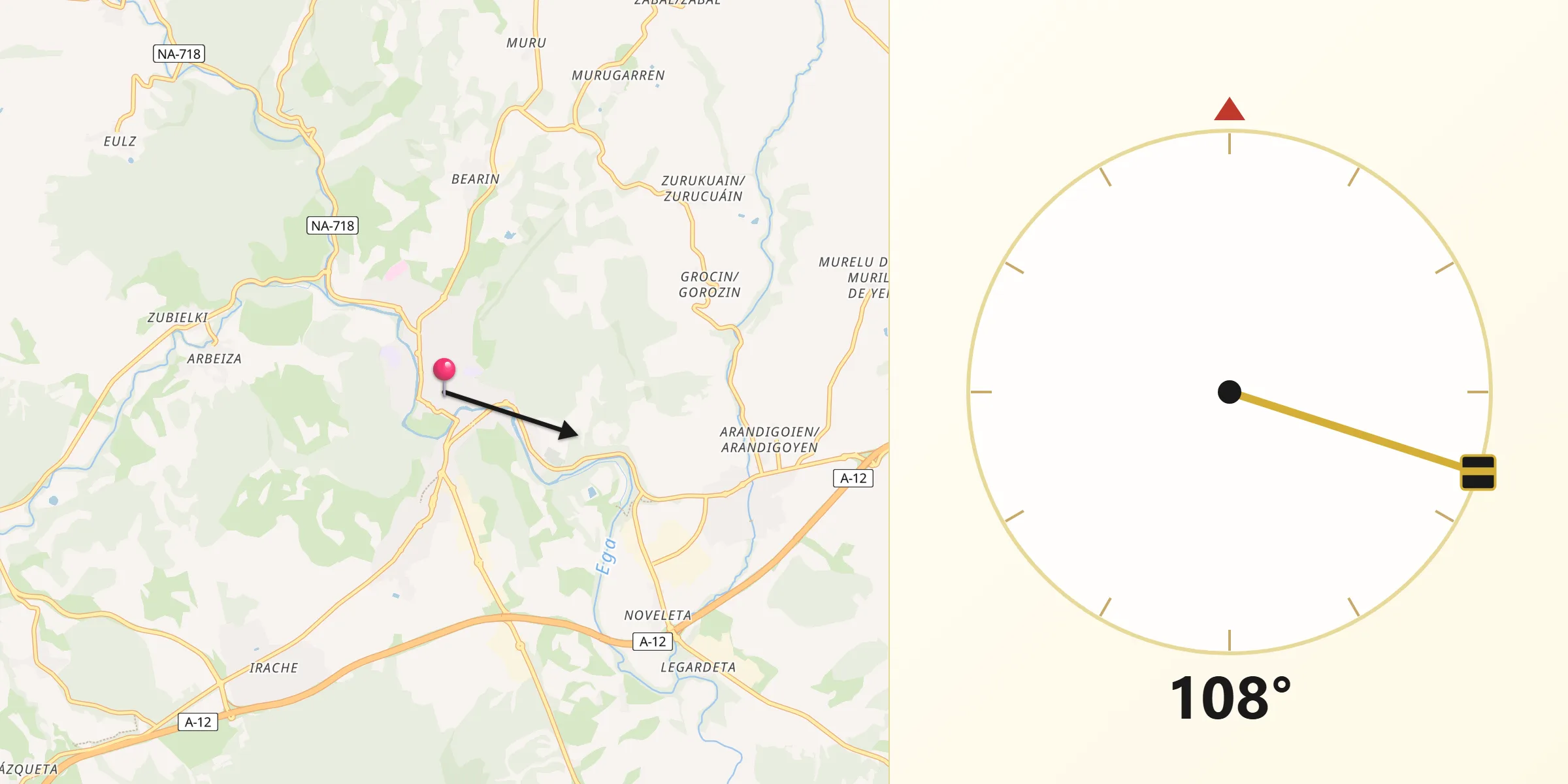 Dirección de la Qibla desde Estella-Lizarra