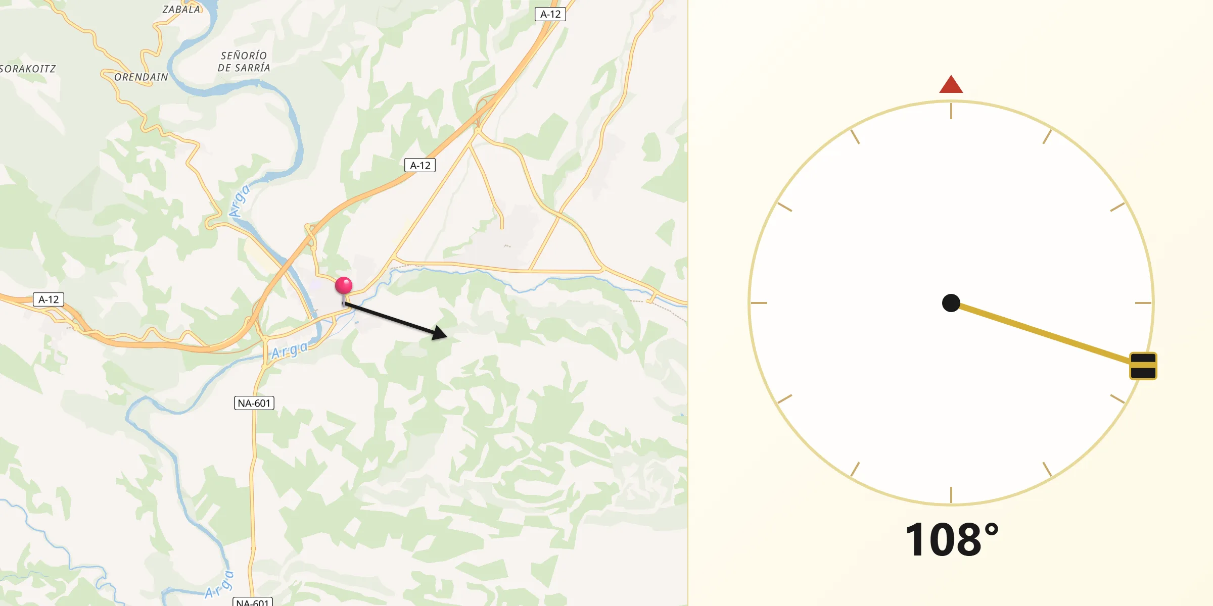 Dirección de la Qibla desde Puente la Reina/Gares