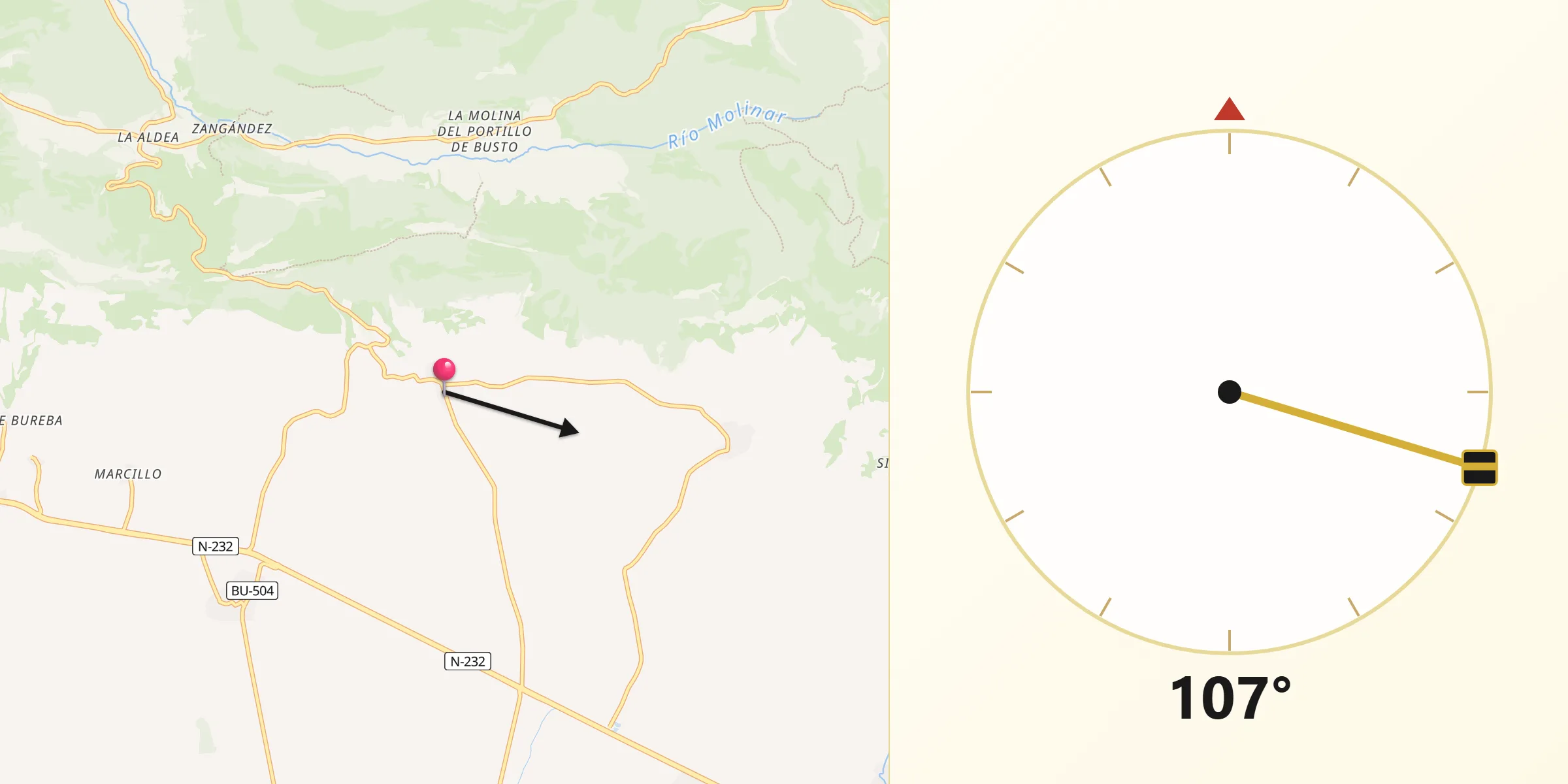 Dirección de la Qibla desde Cascajares de Bureba