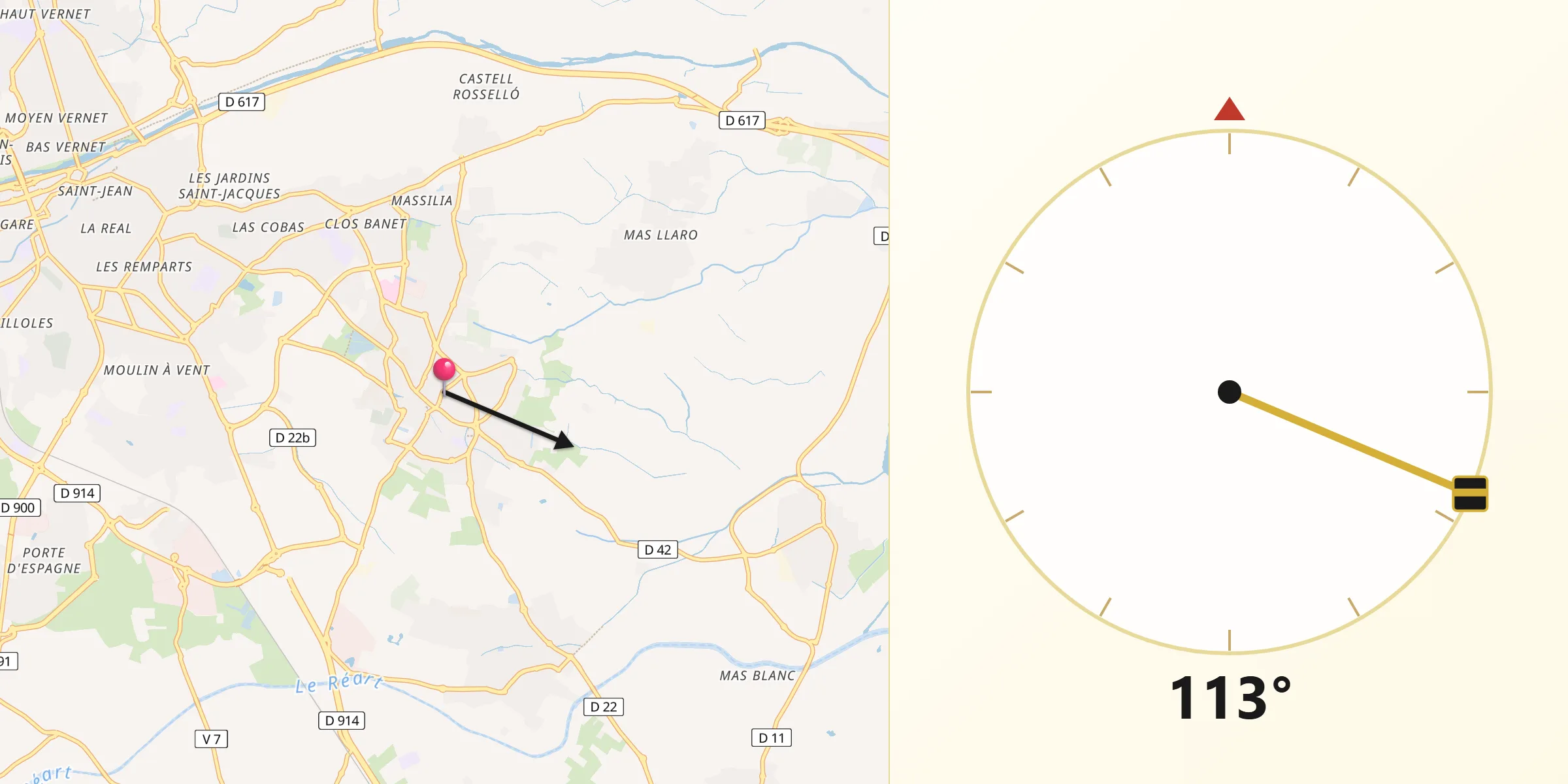 Direction vers la Qibla depuis Cabestany