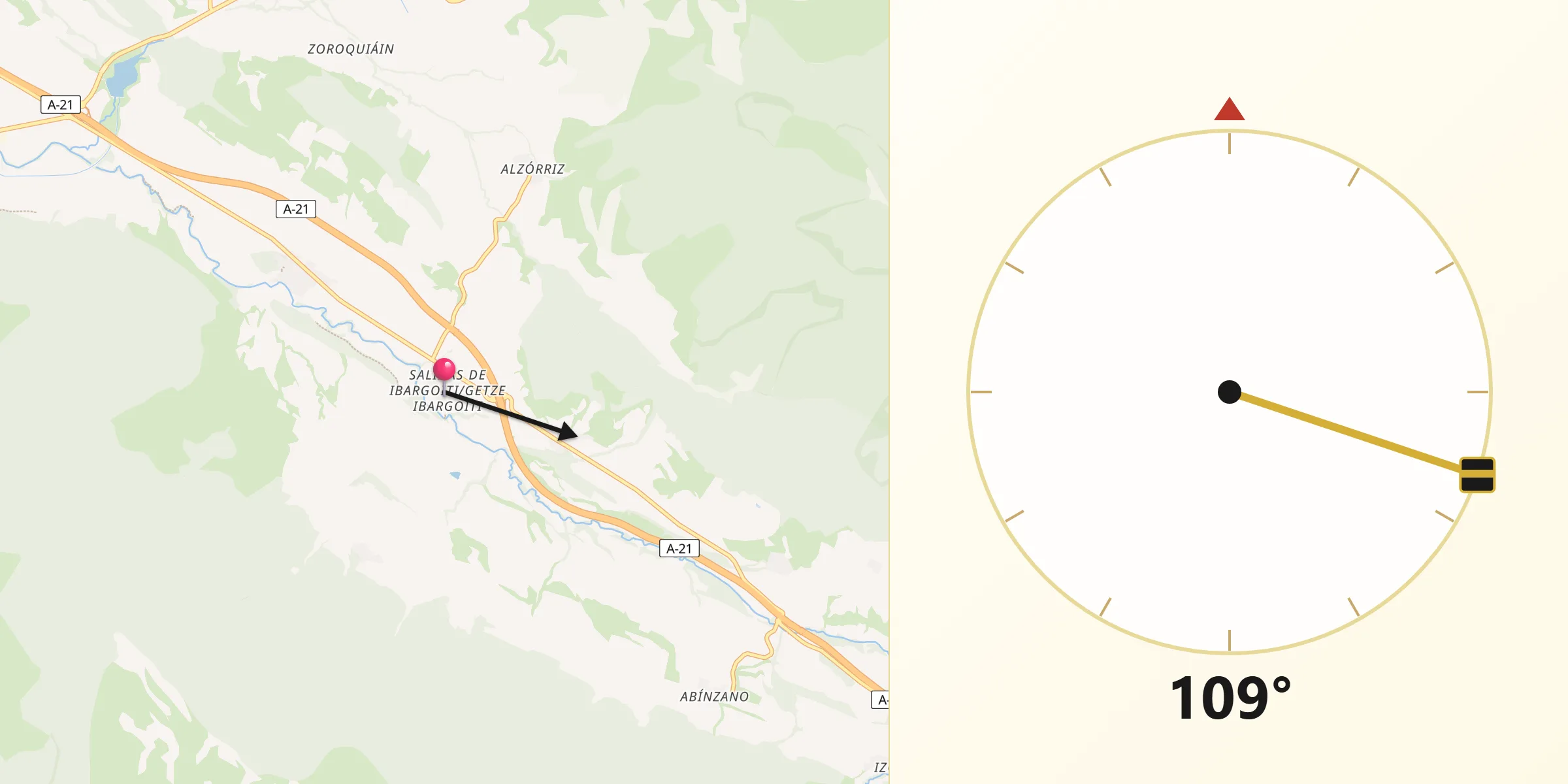 Dirección de la Qibla desde Ibargoiti