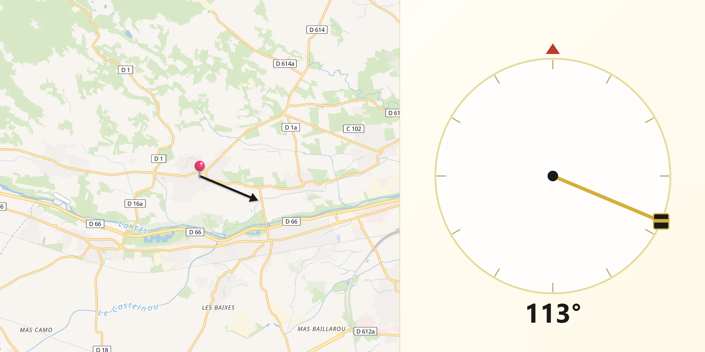 Direction vers la Qibla depuis Pézilla-la-Rivière