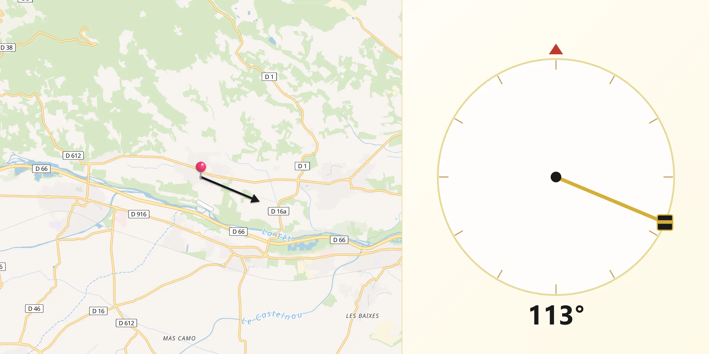 Direction vers la Qibla depuis Corneilla-la-Rivière