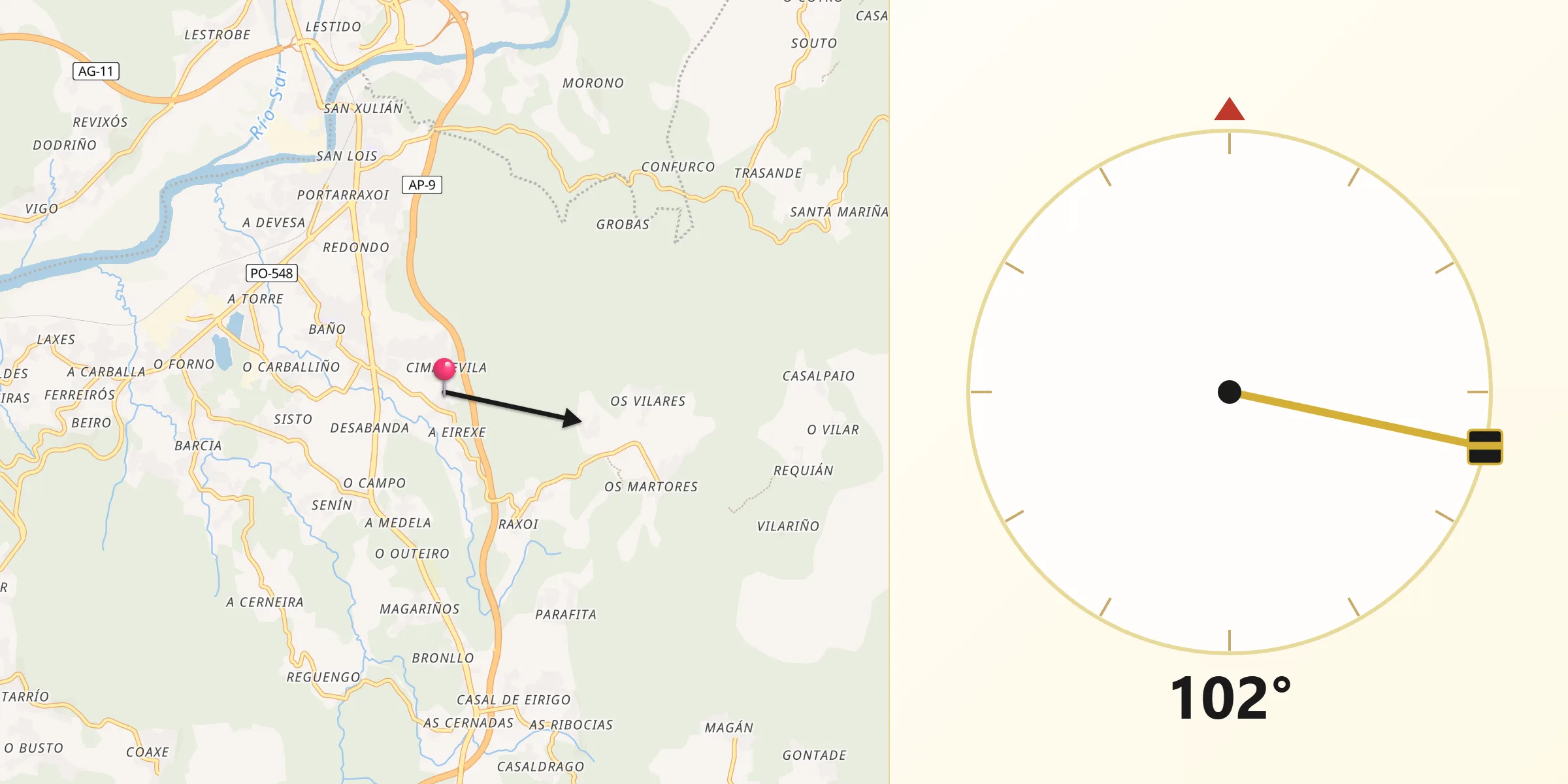 Dirección de la Qibla desde Valga