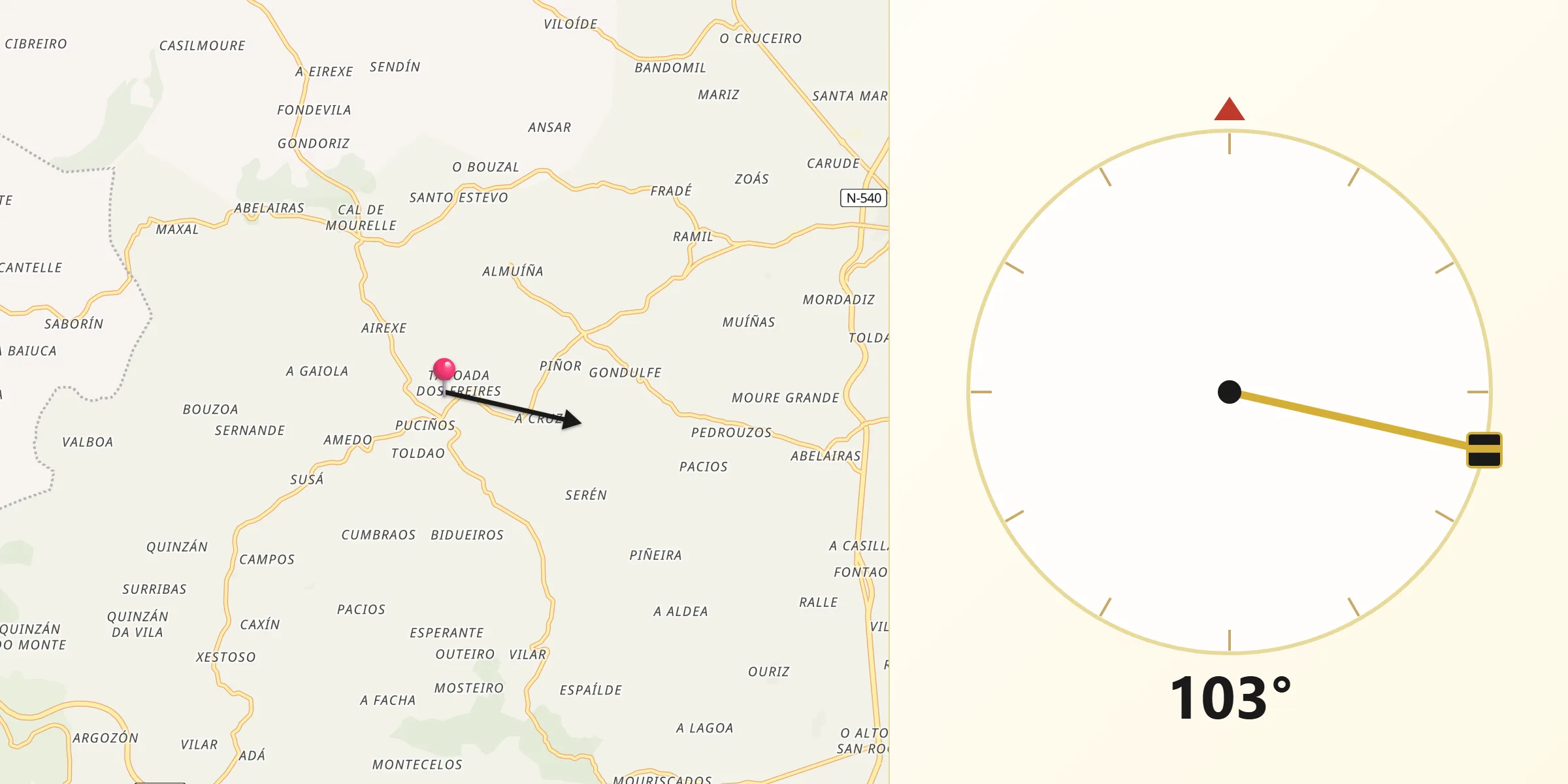 Dirección de la Qibla desde Taboada