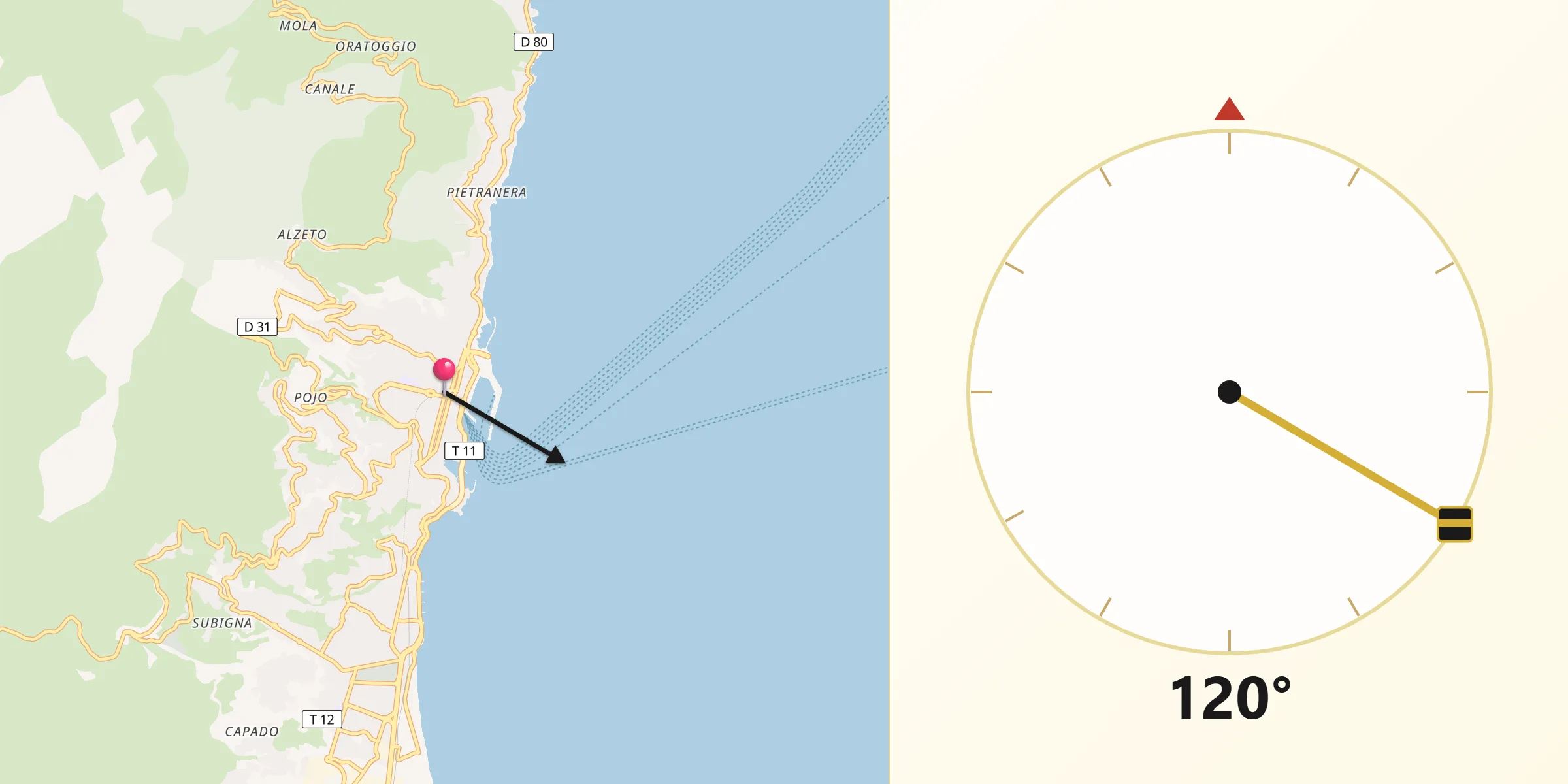 Direction vers la Qibla depuis Bastia