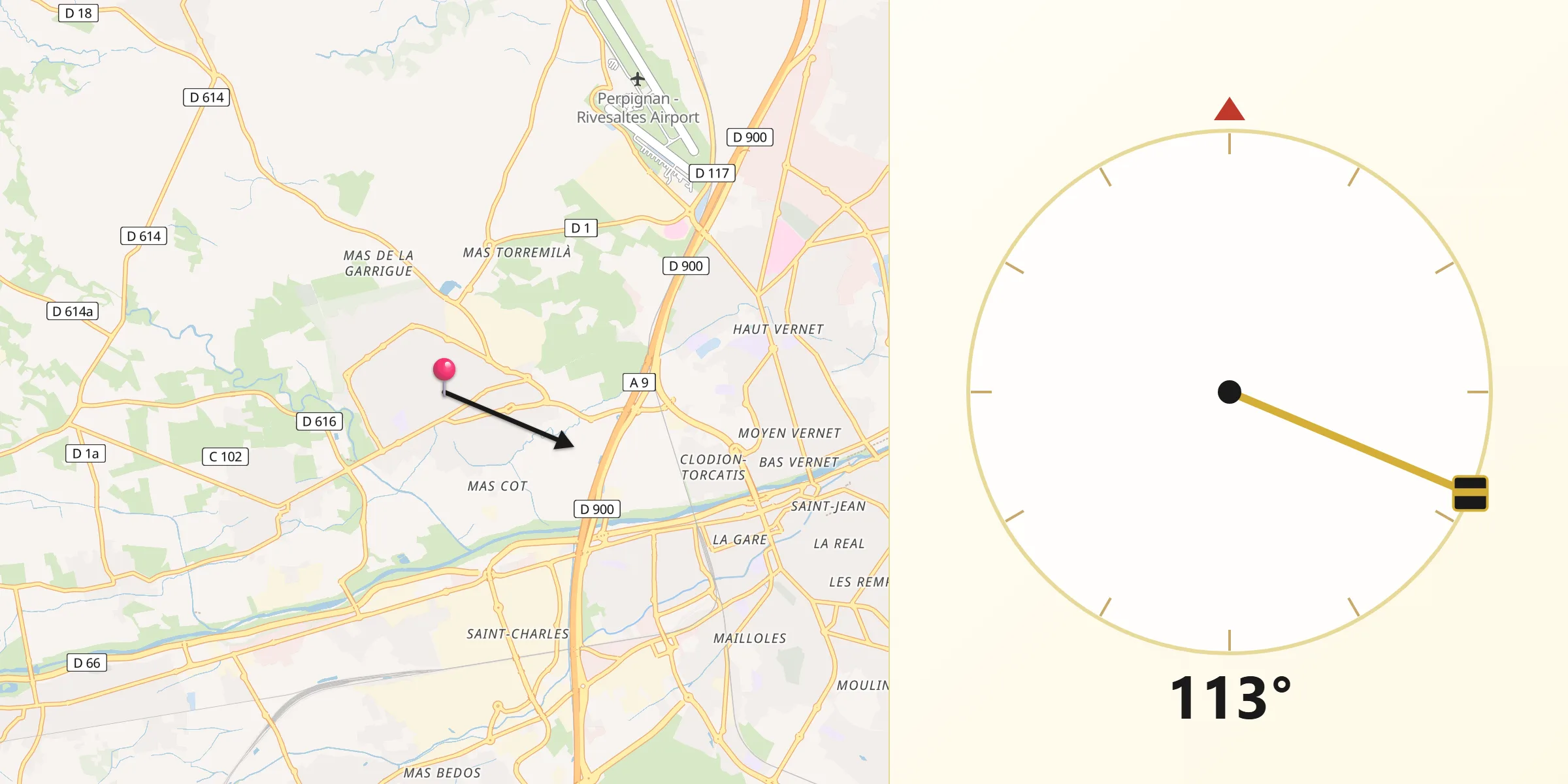 Direction vers la Qibla depuis Saint-Estève