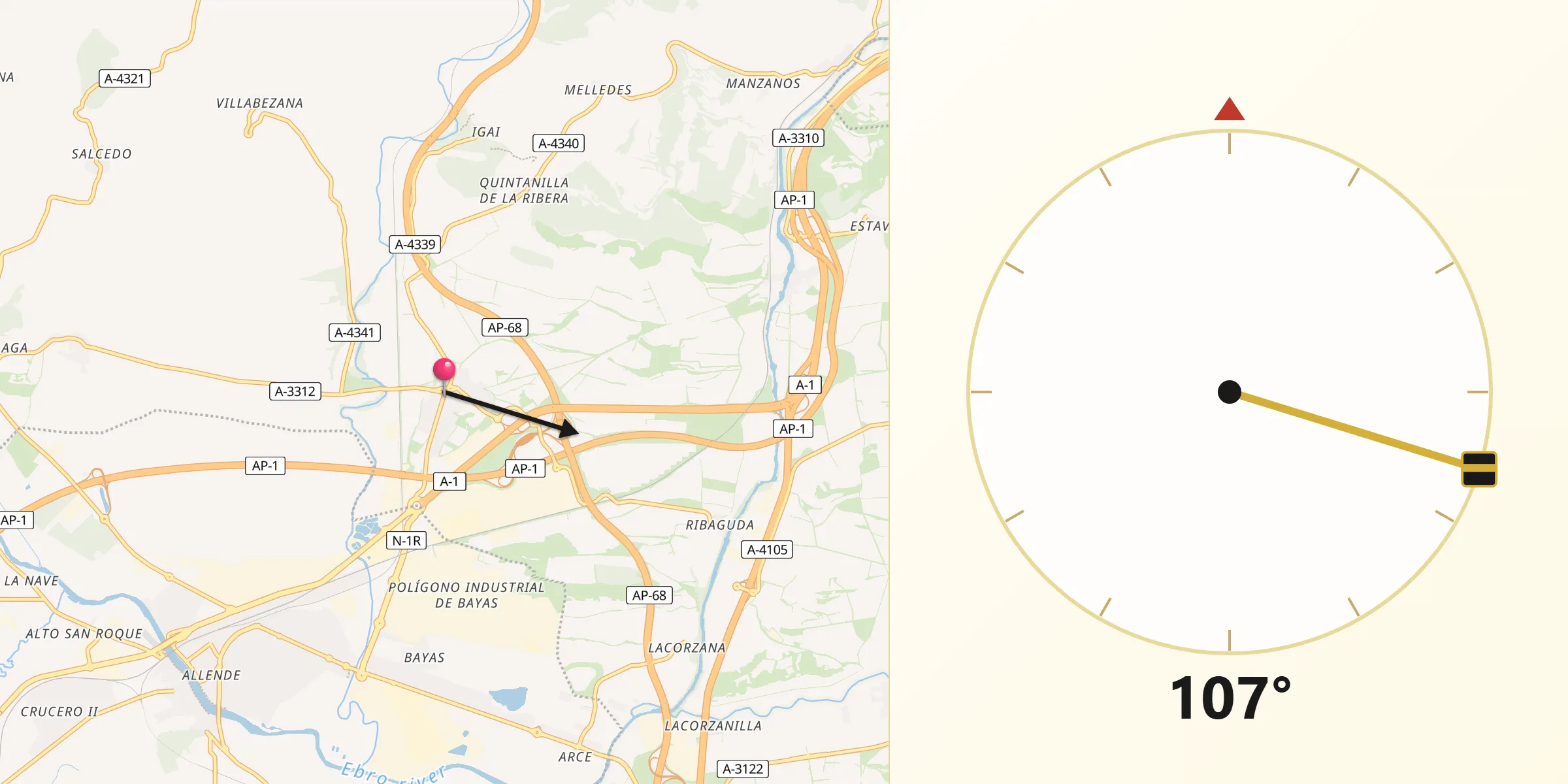 Dirección de la Qibla desde Ribera Baja/Erribera Beitia