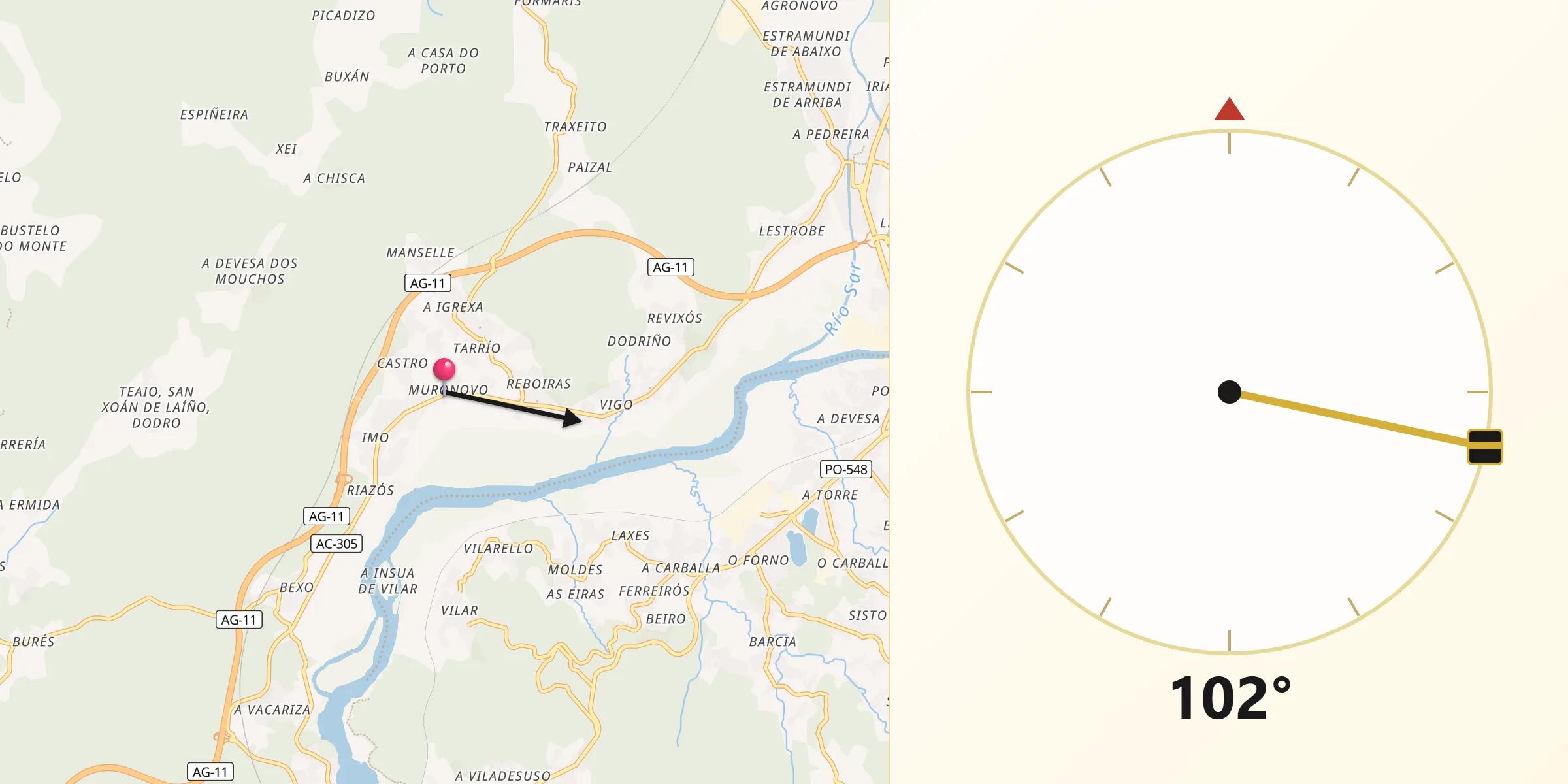 Dirección de la Qibla desde Dodro