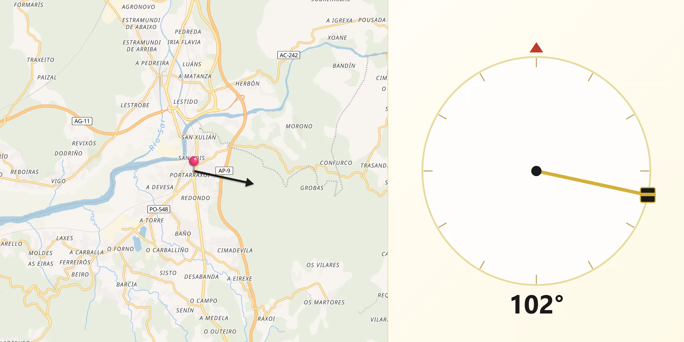 Dirección de la Qibla desde Pontecesures