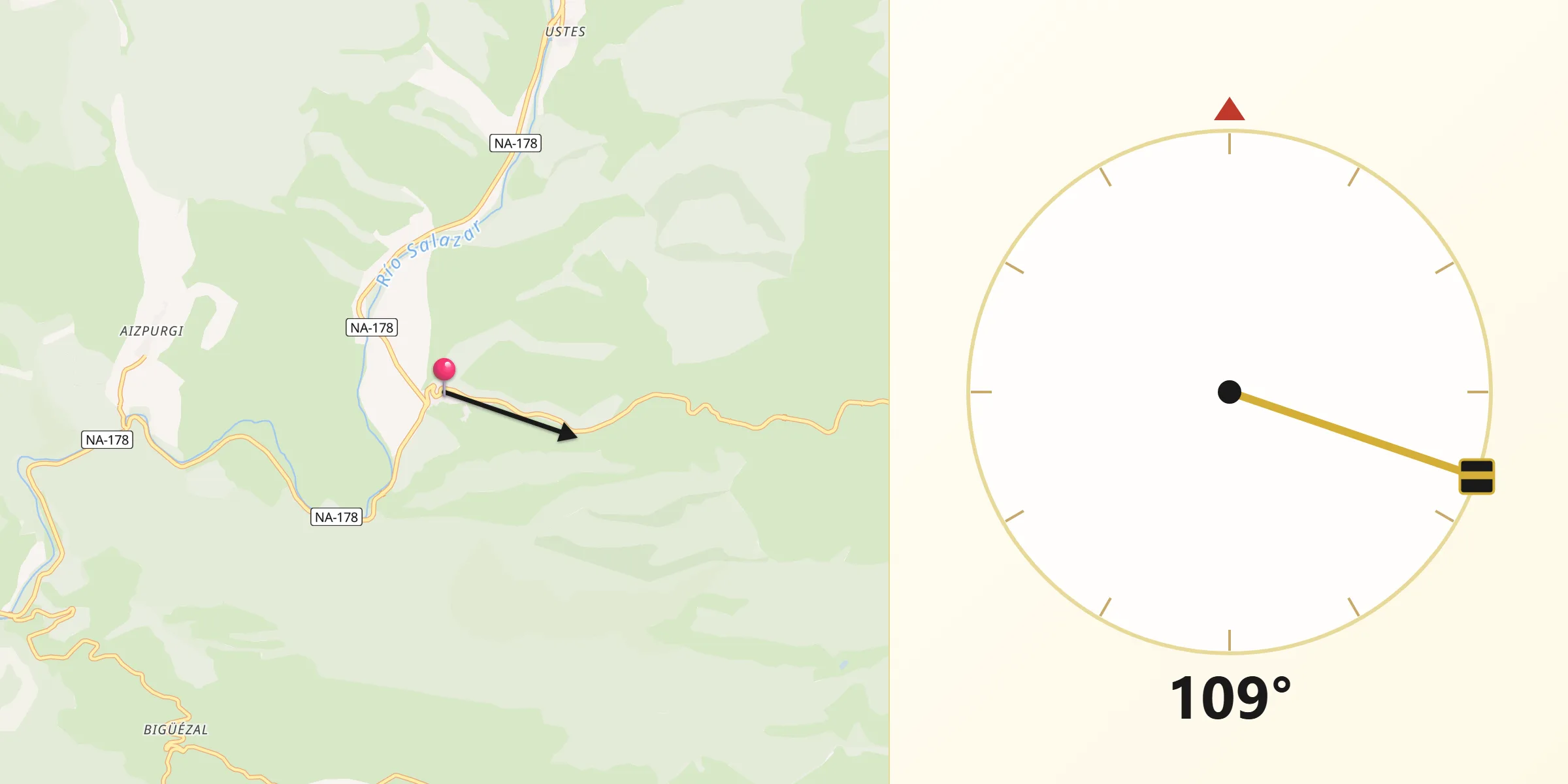 Dirección de la Qibla desde Navascués/Nabaskoze
