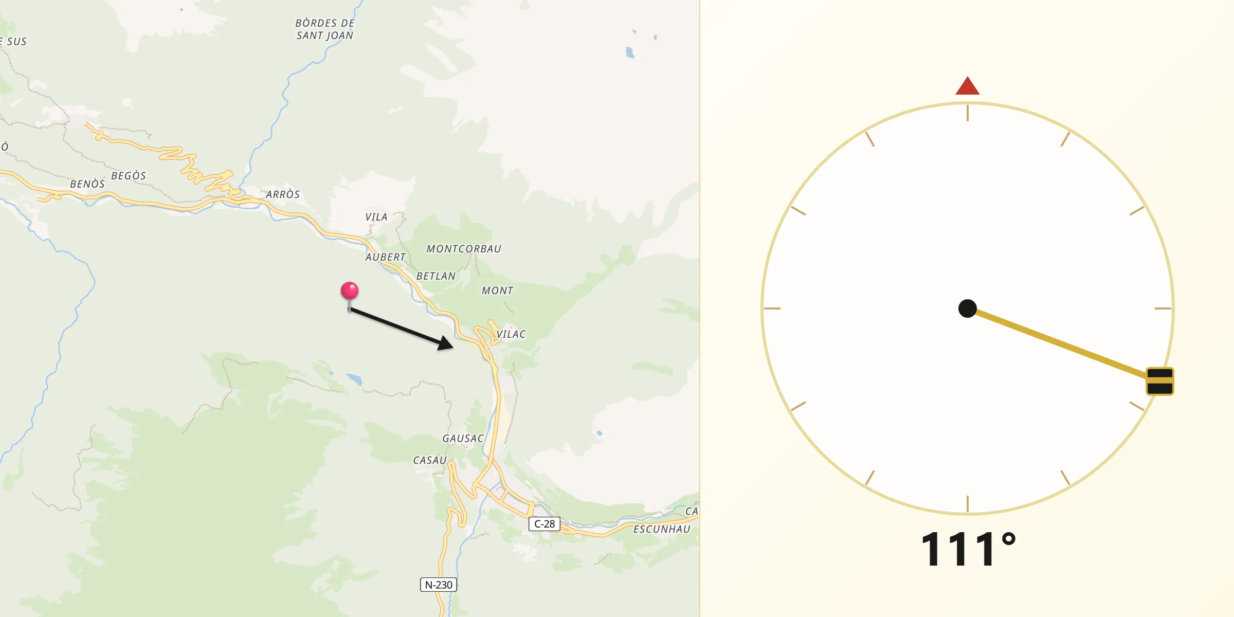 Dirección de la Qibla desde Vielha e Mijaran