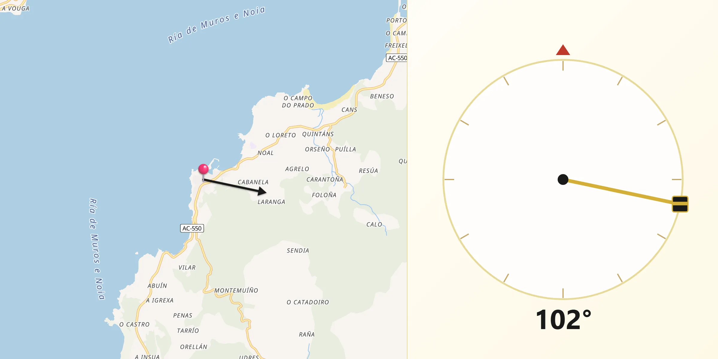 Dirección de la Qibla desde Porto do Son