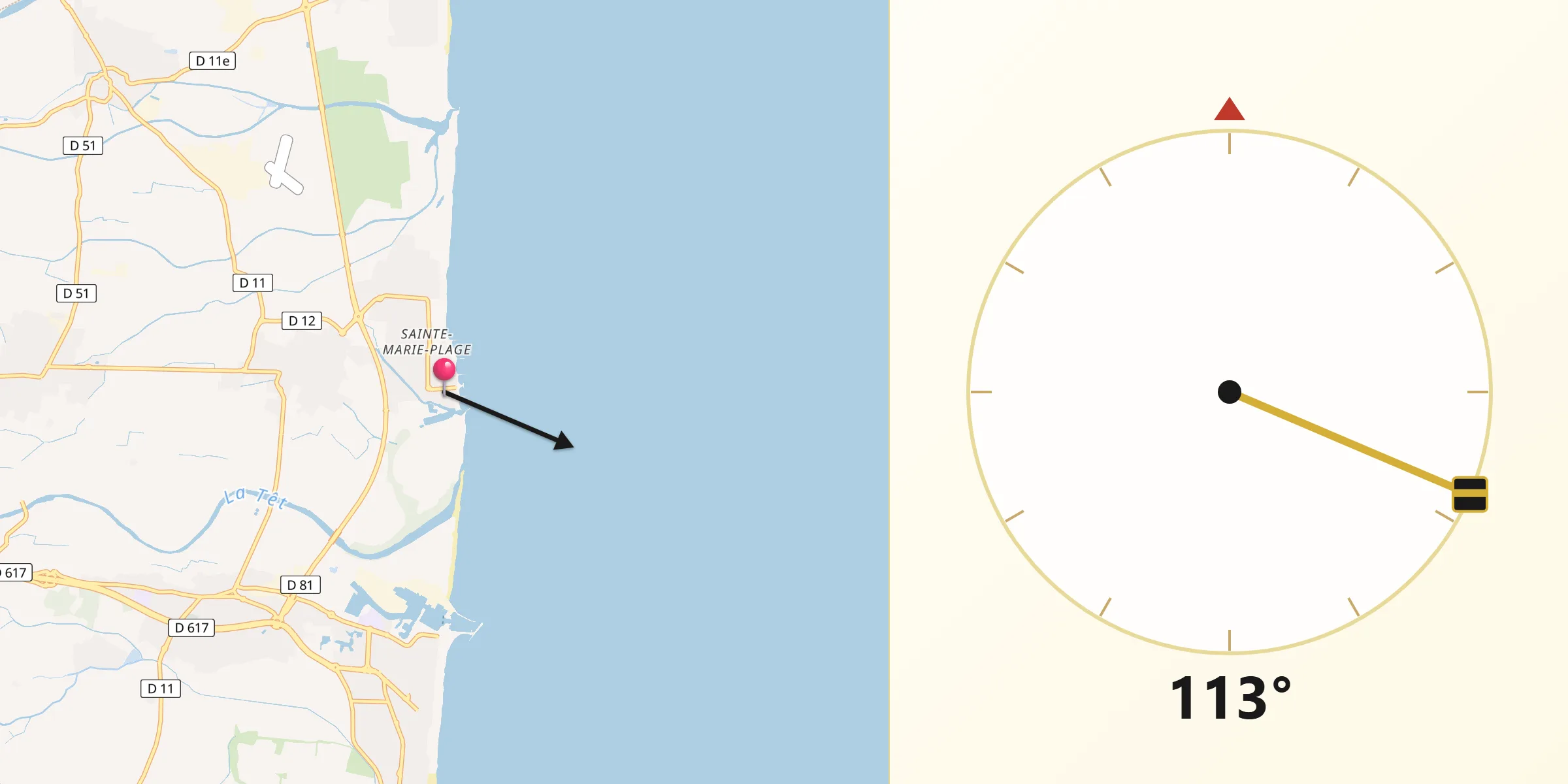 Direction vers la Qibla depuis Sainte-Marie-Plage