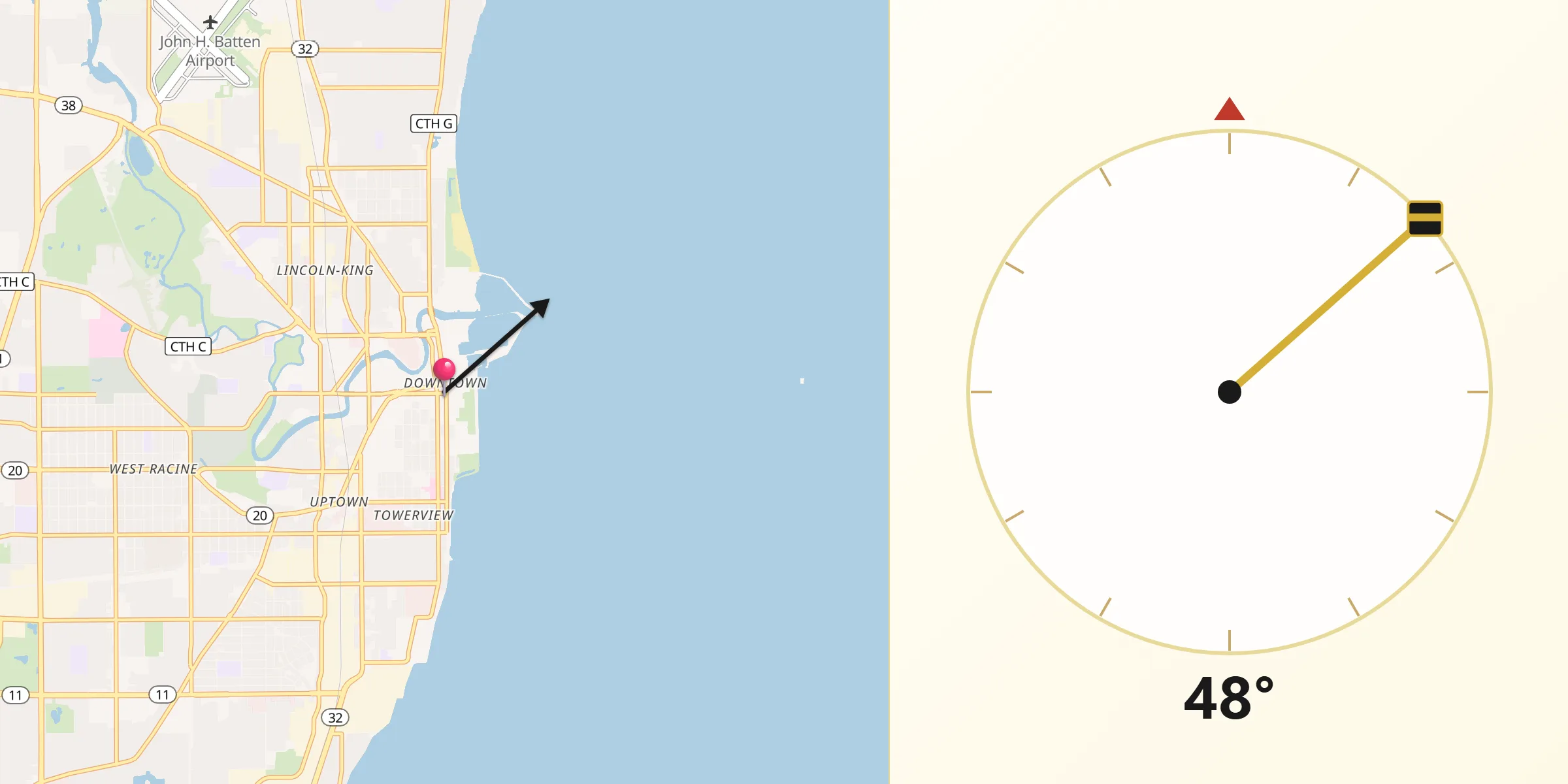 Qibla Direction from Racine