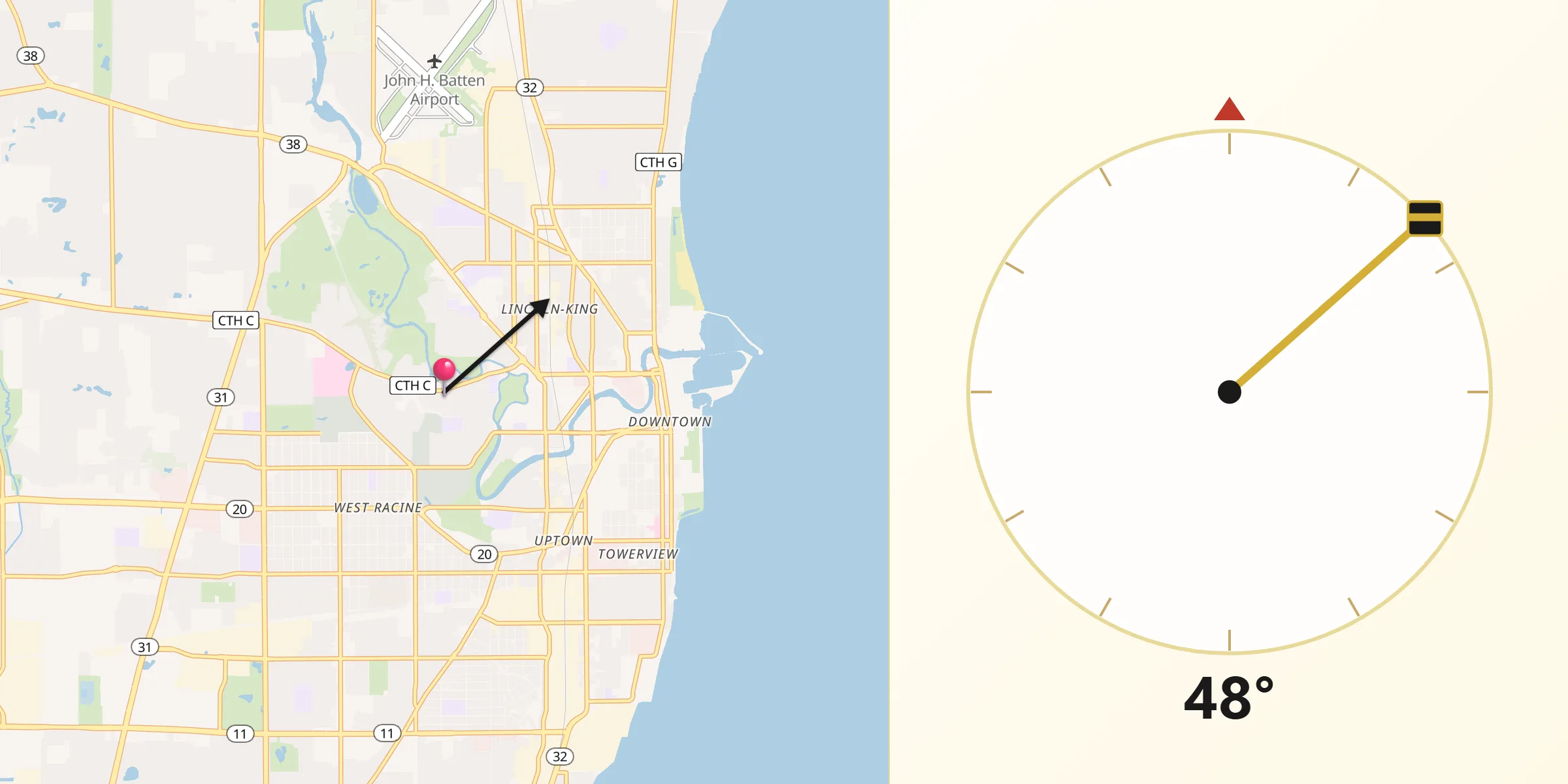 Qibla Direction from Racine County