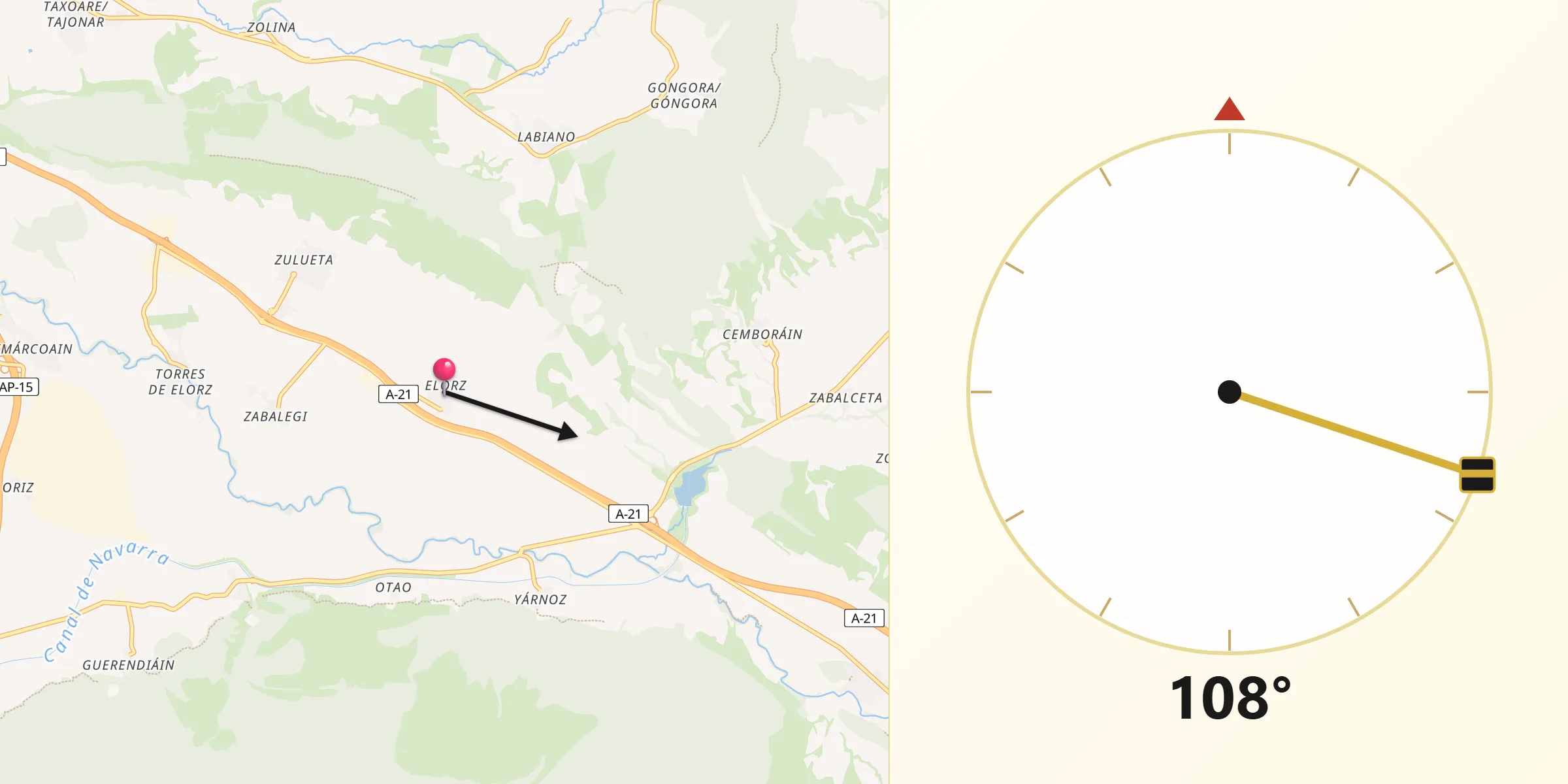 Dirección de la Qibla desde Elorz