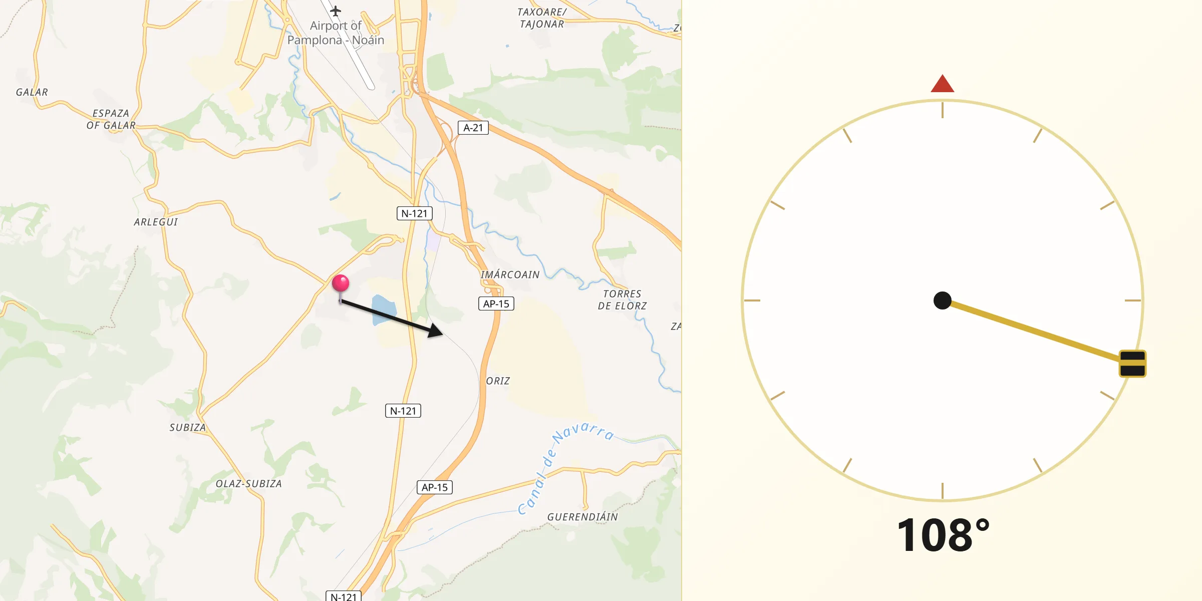 Dirección de la Qibla desde Beriáin