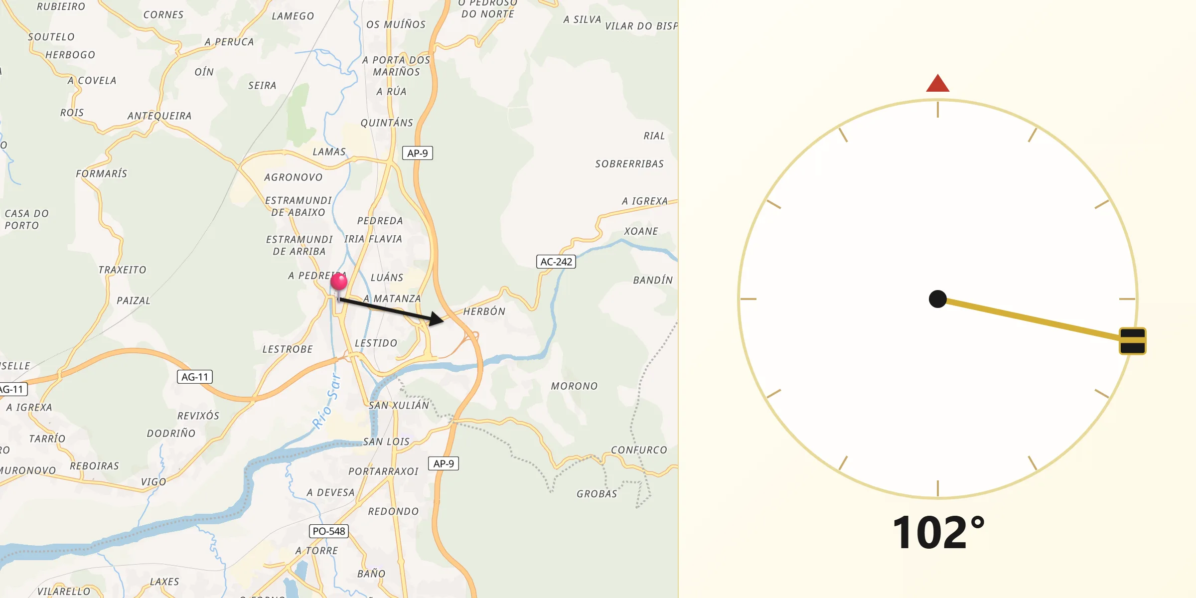 Dirección de la Qibla desde Padrón