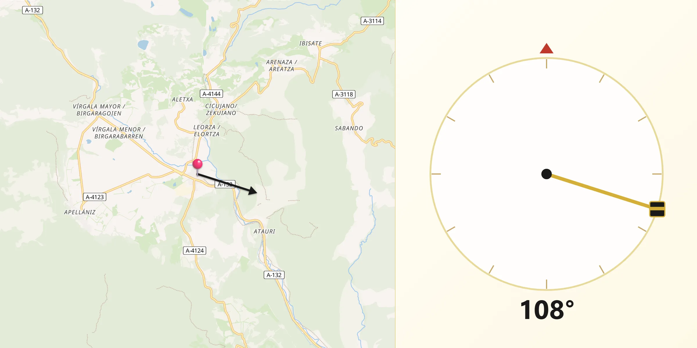 Dirección de la Qibla desde Arraia-Maeztu