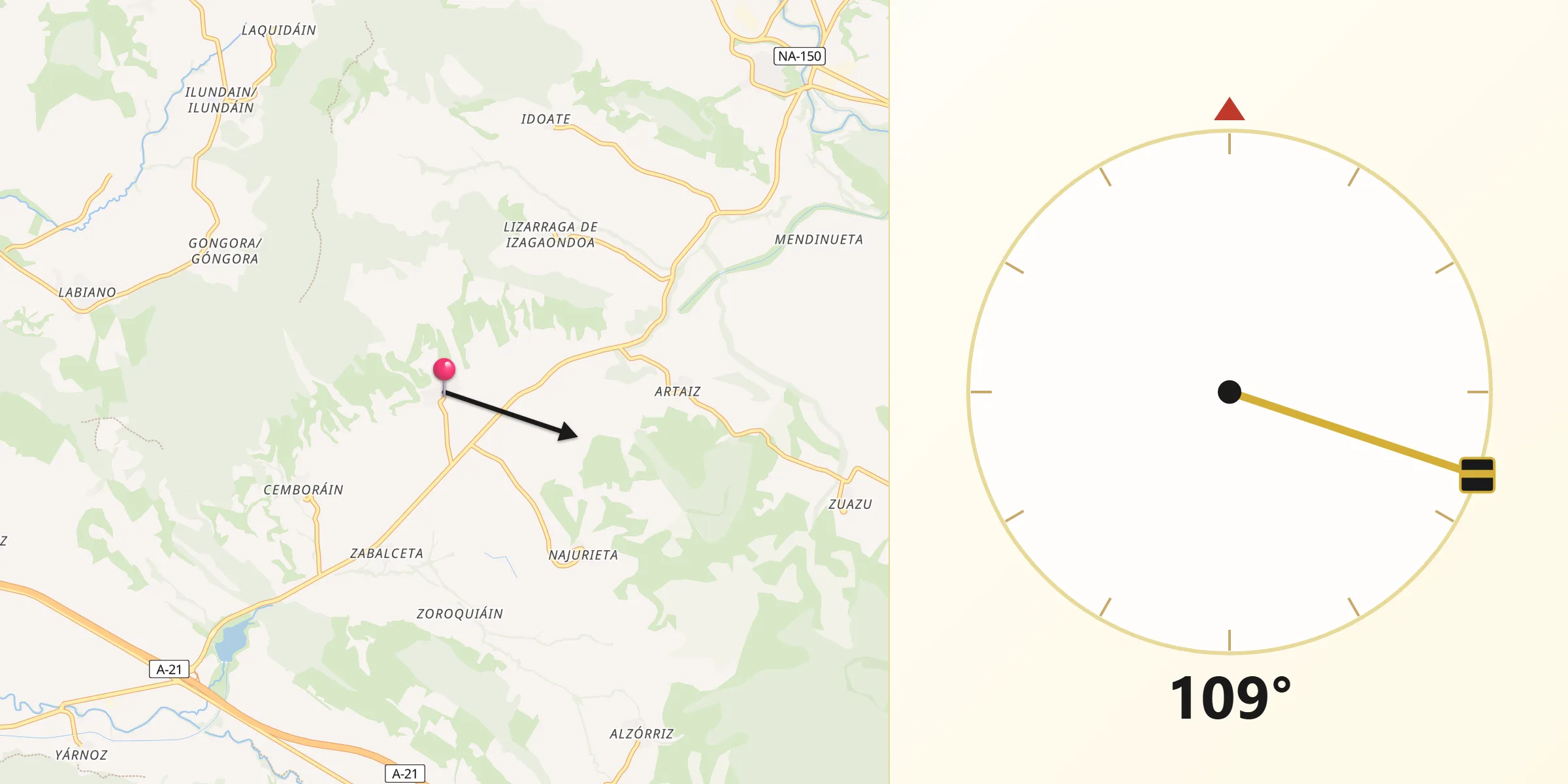 Dirección de la Qibla desde Unciti