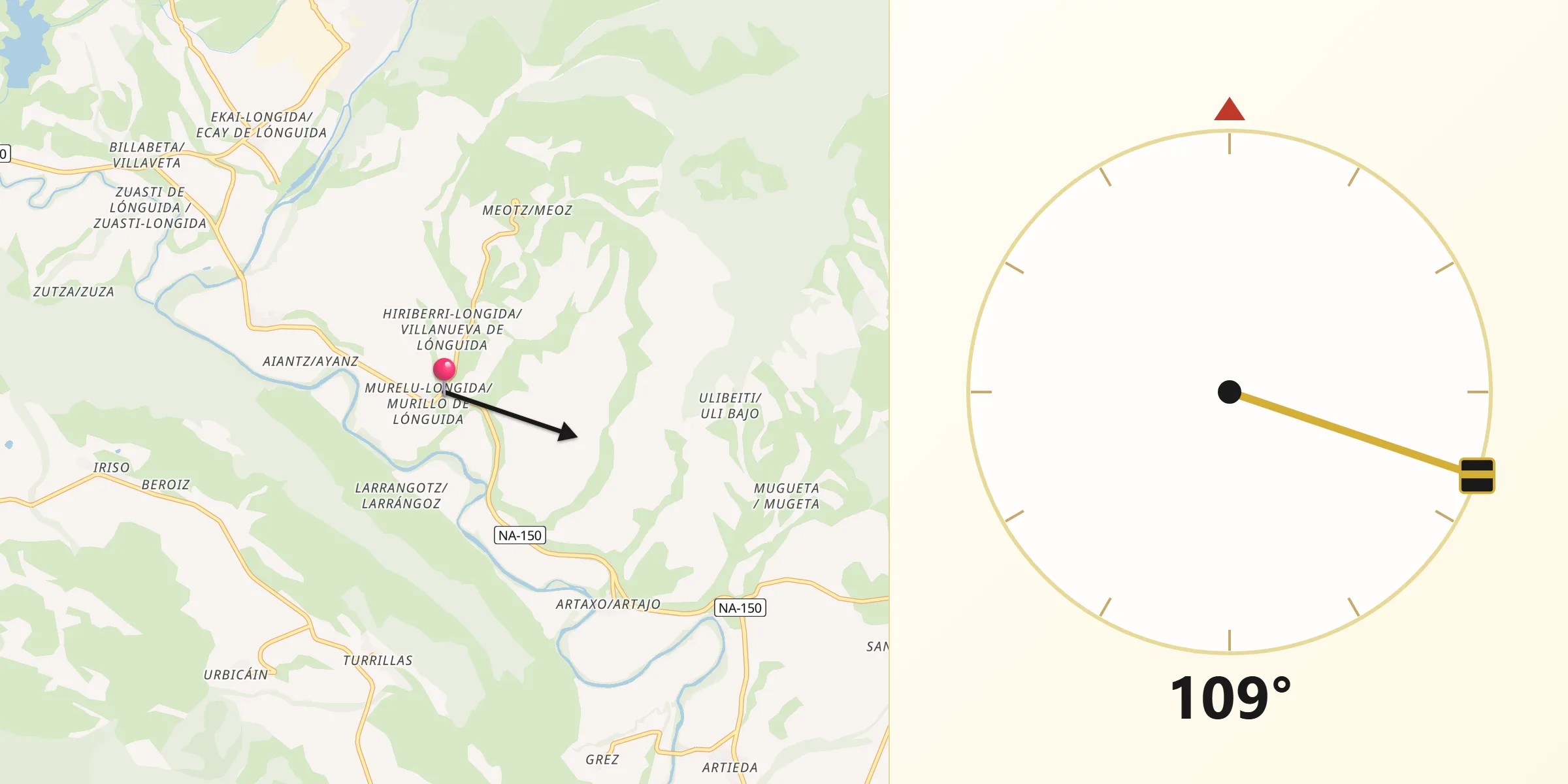 Dirección de la Qibla desde Lónguida/Longida