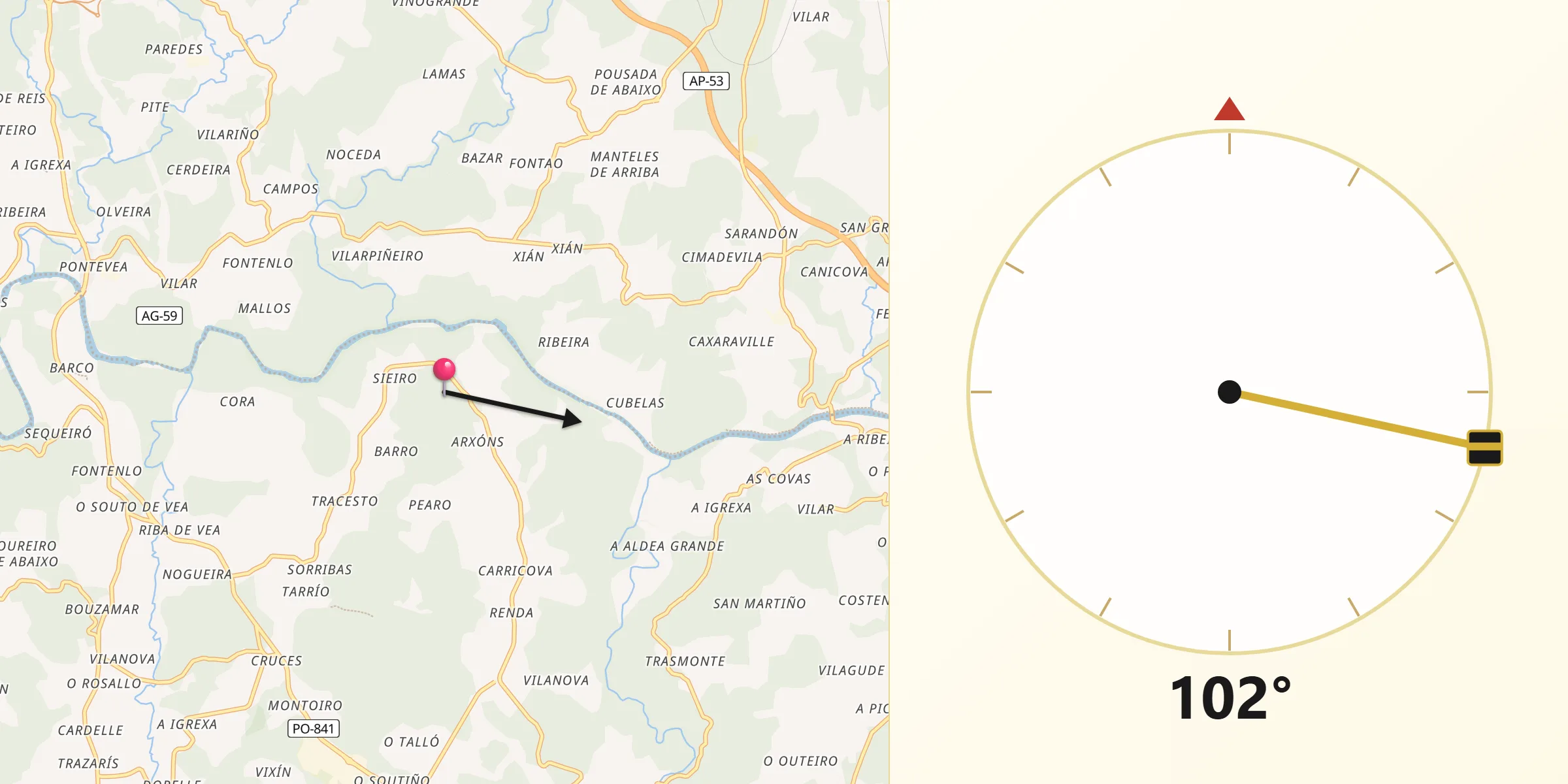 Dirección de la Qibla desde Teo