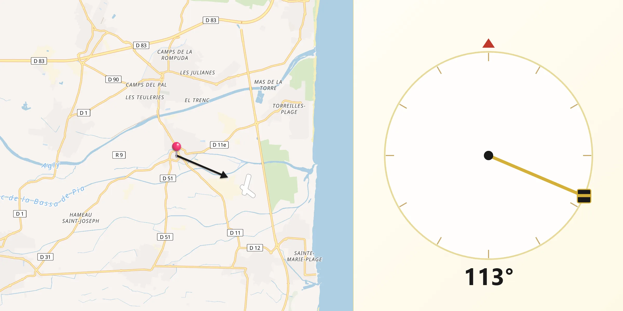 Direction vers la Qibla depuis Torreilles