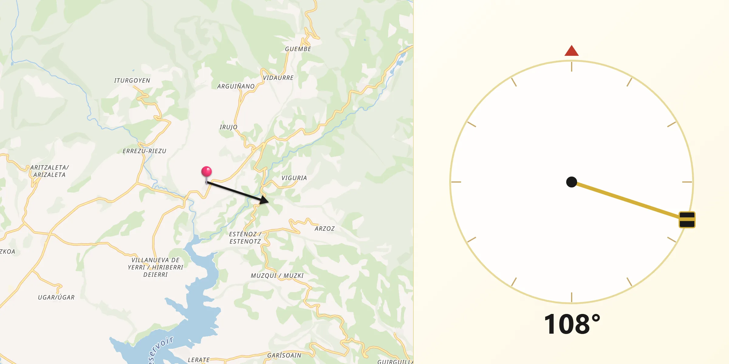 Dirección de la Qibla desde Guesálaz/Gesalatz