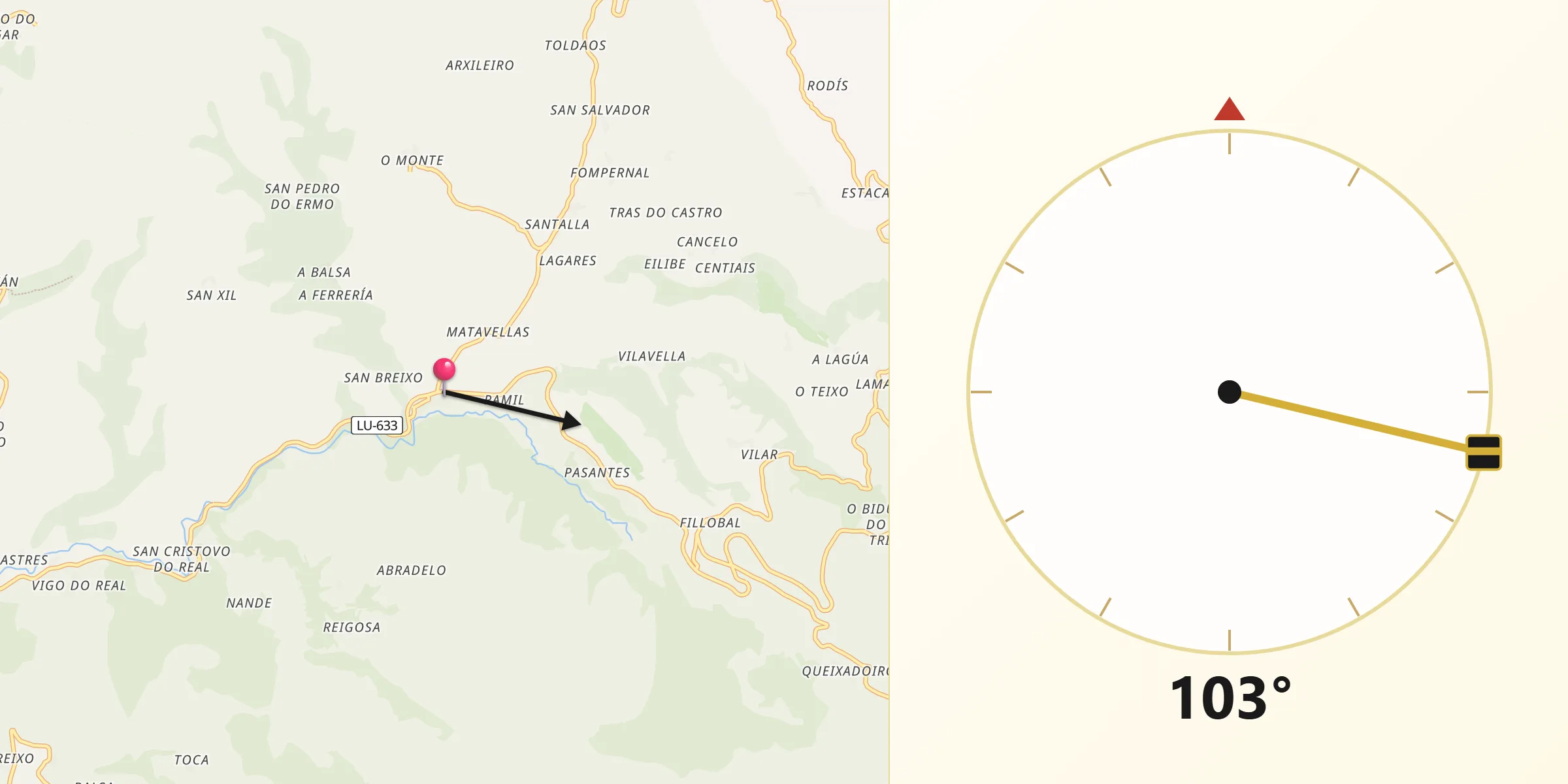 Dirección de la Qibla desde Triacastela