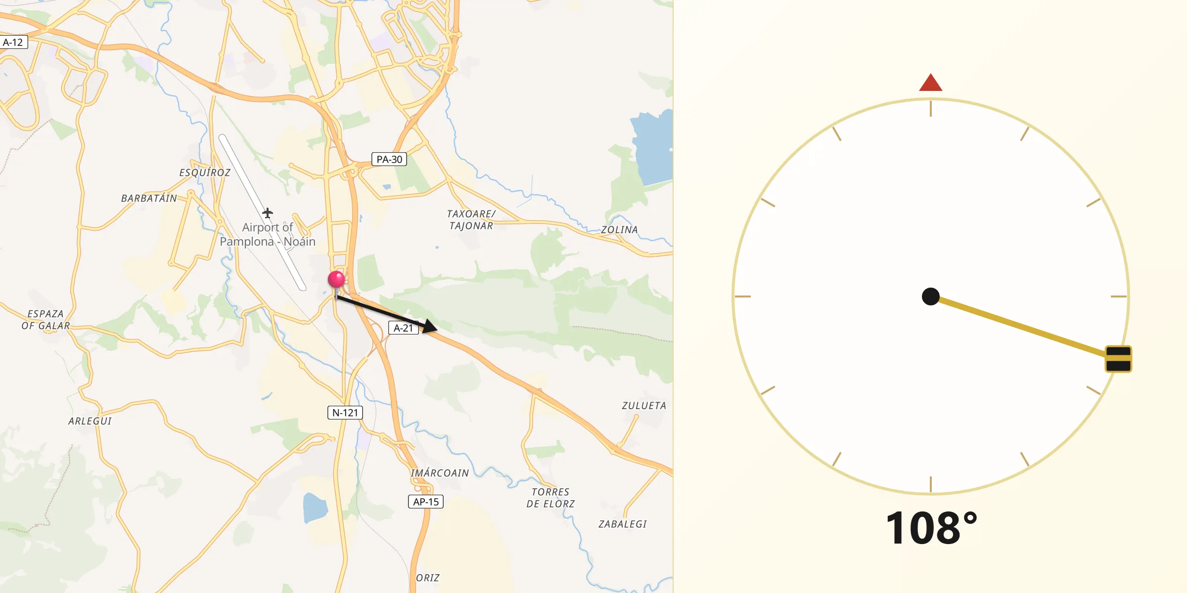 Dirección de la Qibla desde Noáin (Valle de Elorz)/Noain (Elortzibar)