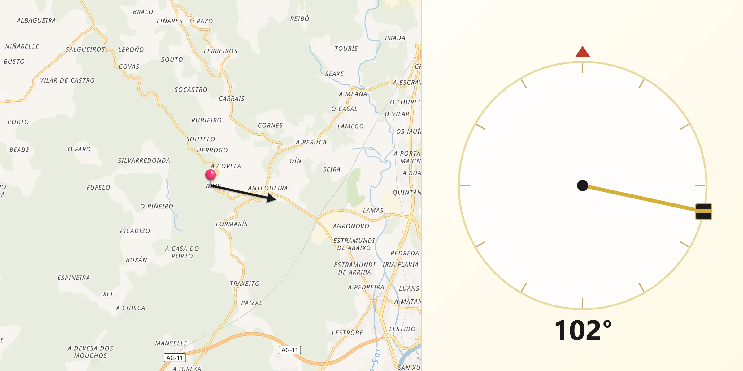 Dirección de la Qibla desde Rois