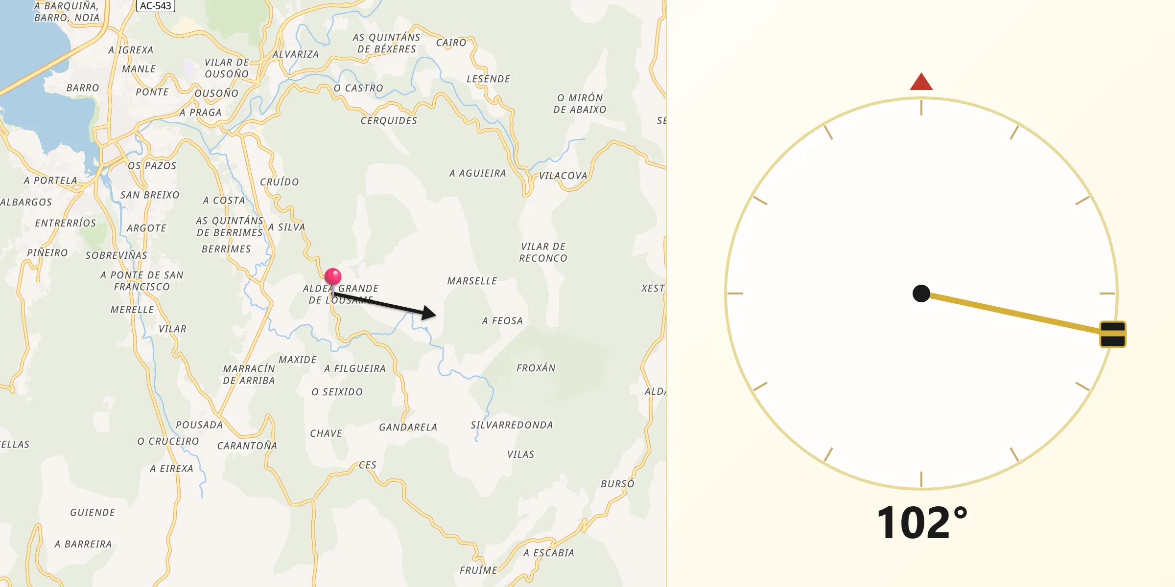 Dirección de la Qibla desde Lousame