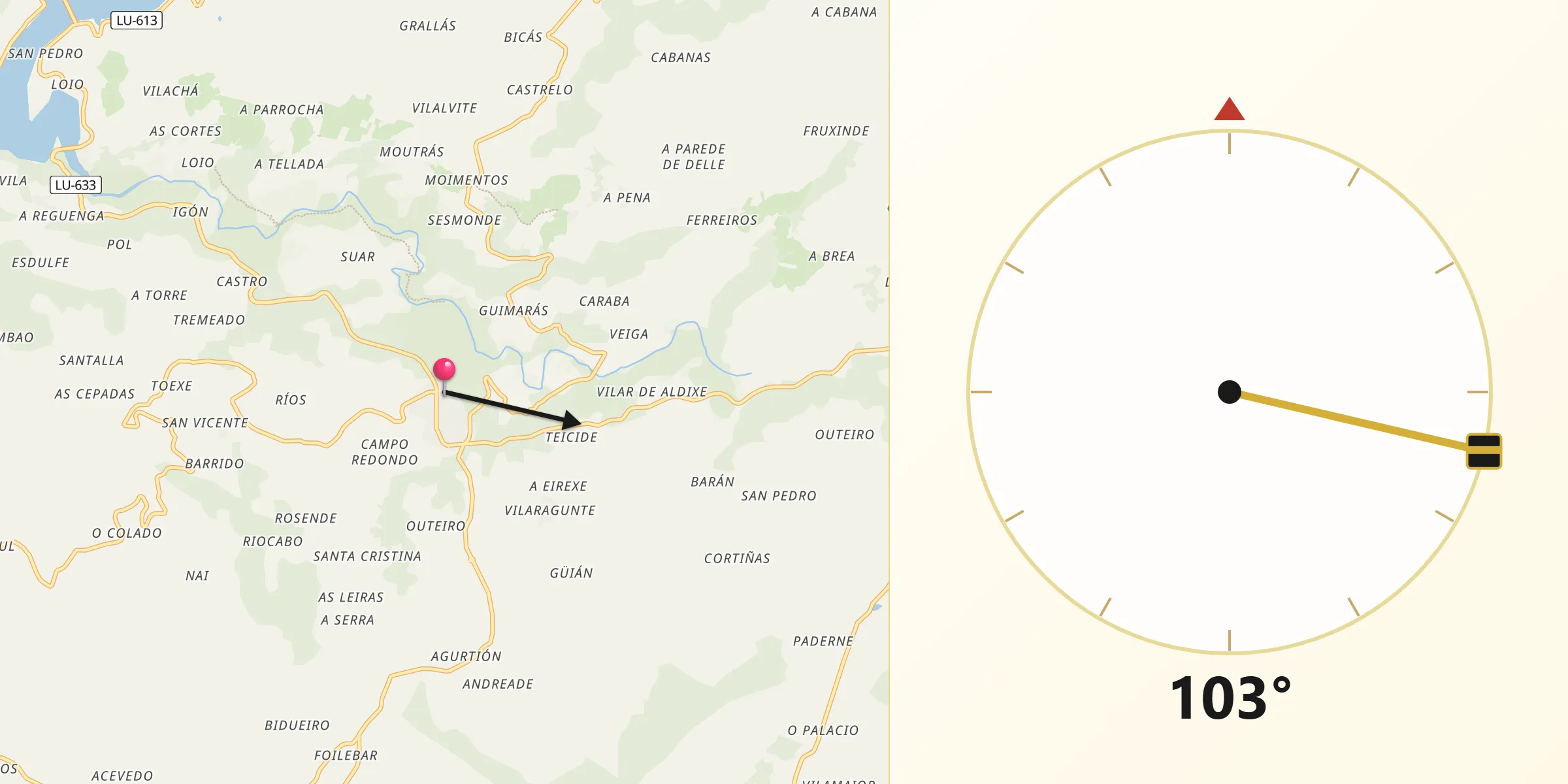 Dirección de la Qibla desde Paradela
