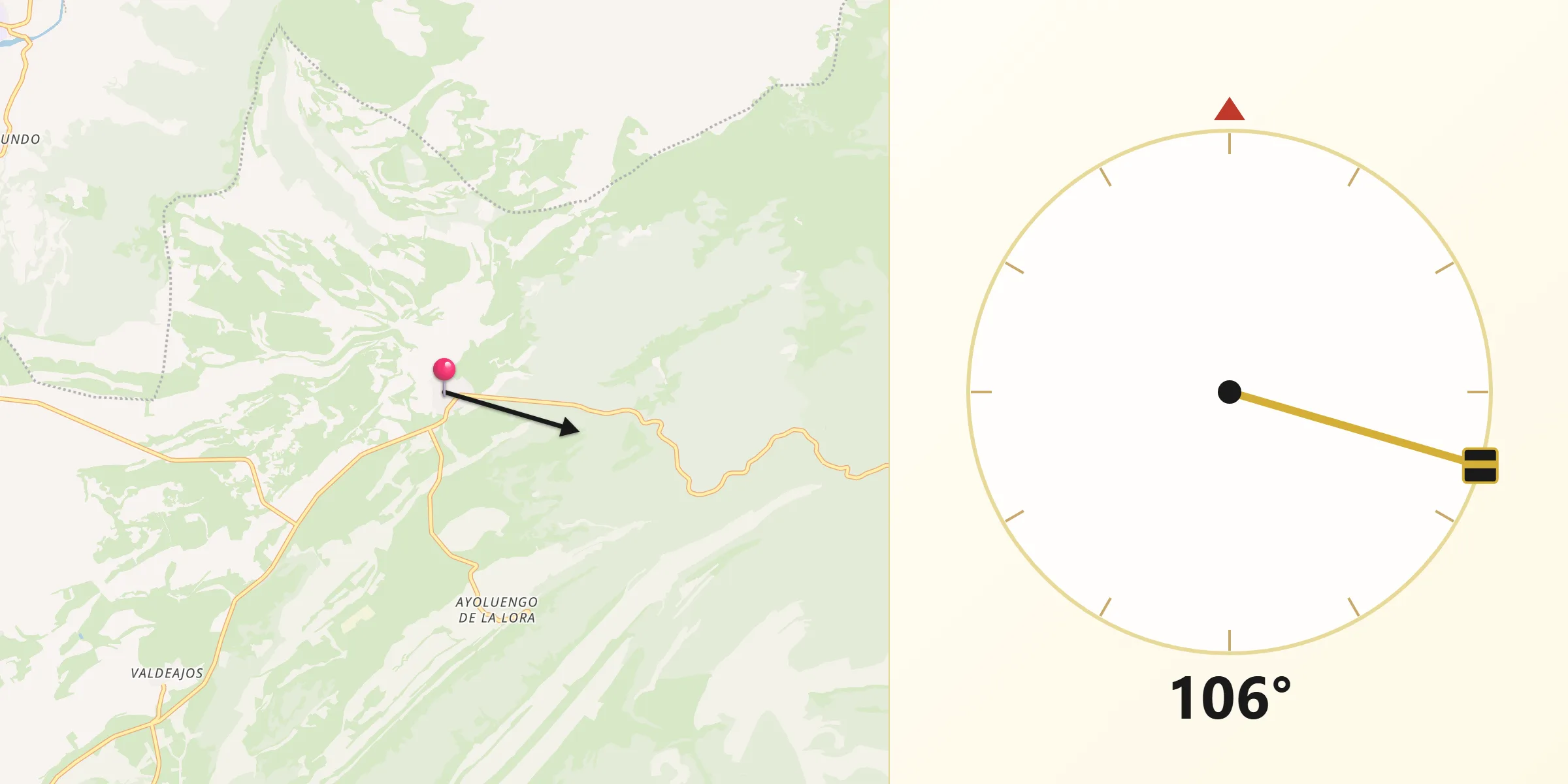 Dirección de la Qibla desde Sargentes de la Lora