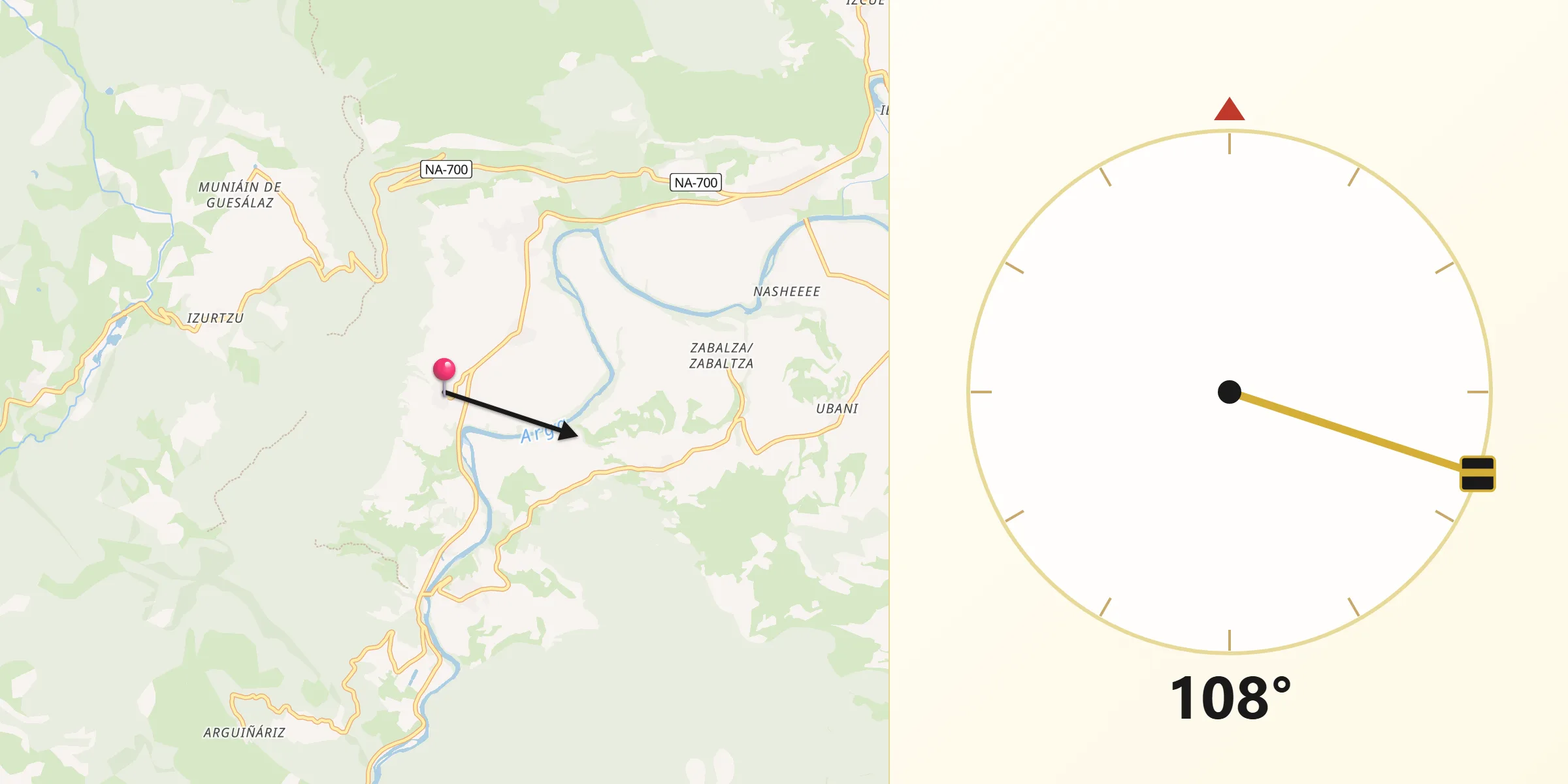 Dirección de la Qibla desde Bidaurreta