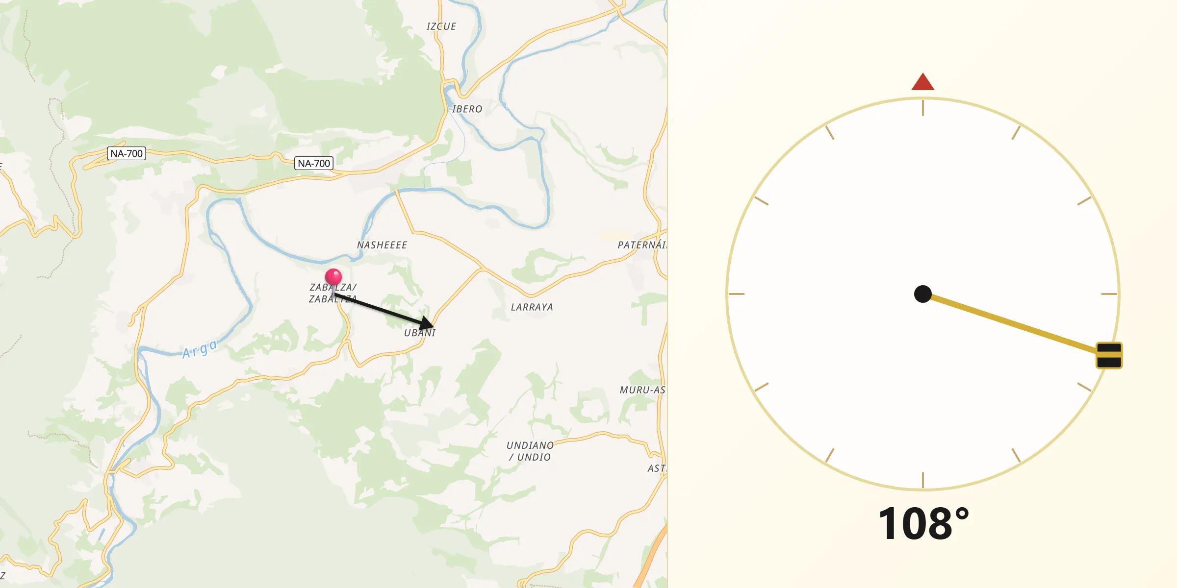 Dirección de la Qibla desde Zabalza/Zabaltza