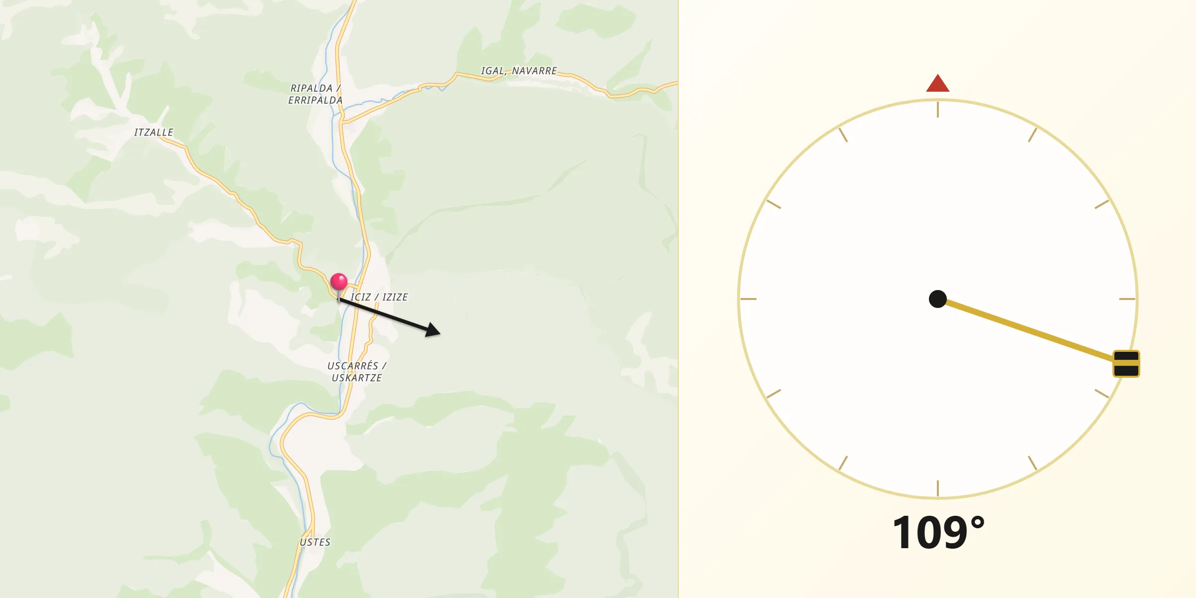 Dirección de la Qibla desde Gallués/Galoze