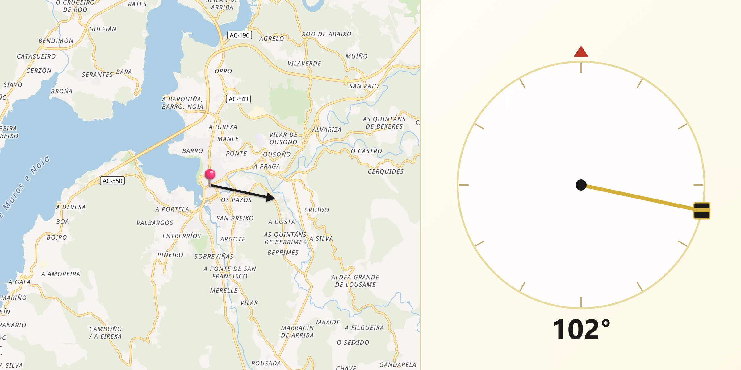 Dirección de la Qibla desde Noia