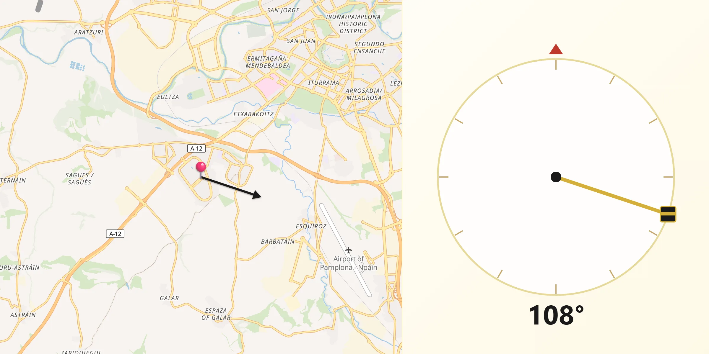Dirección de la Qibla desde Zizur Mayor/Zizur Nagusia