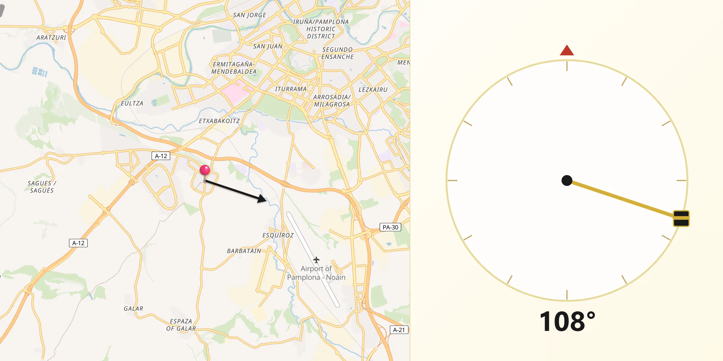Dirección de la Qibla desde Cizur