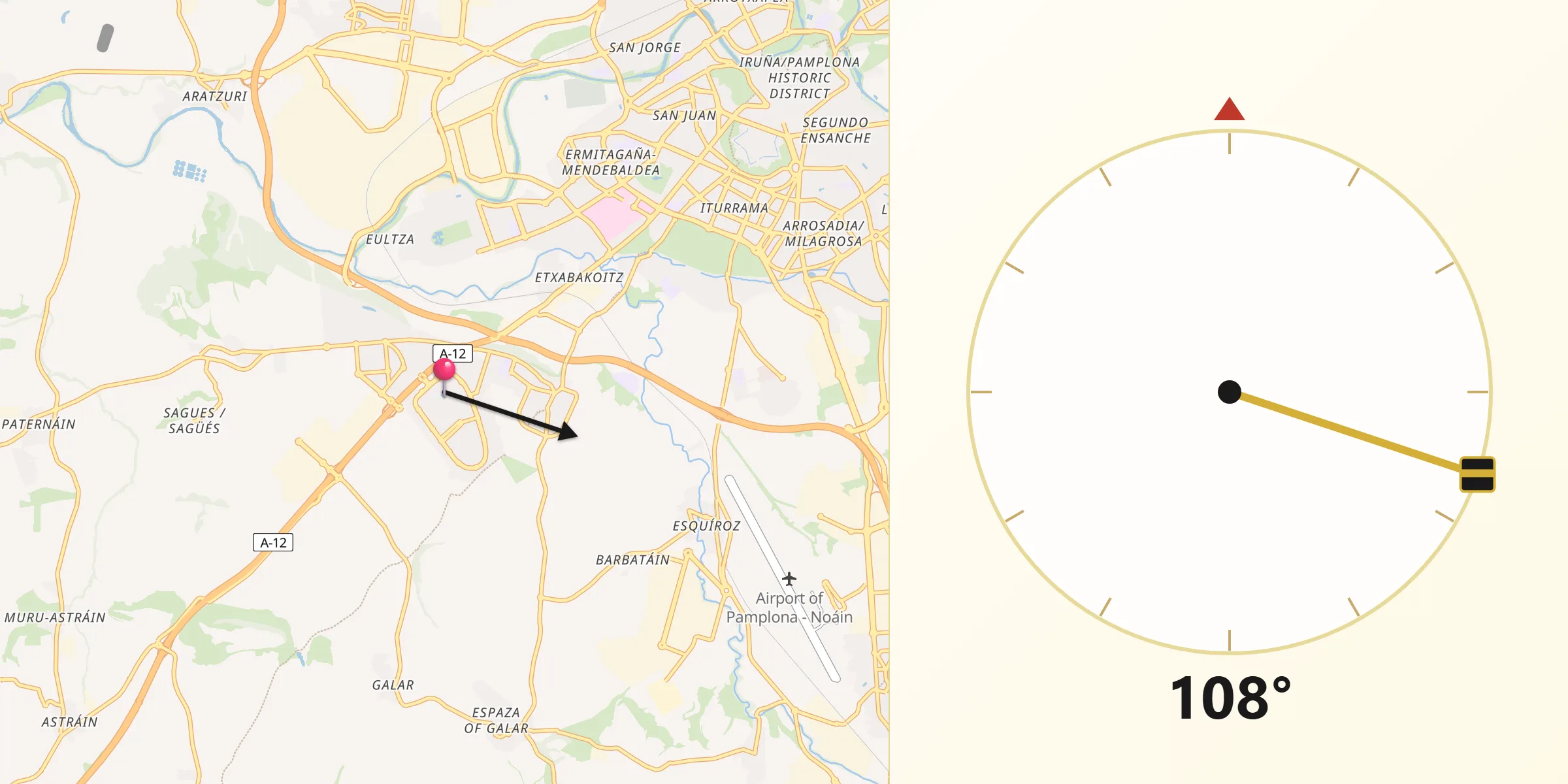 Dirección de la Qibla desde Cizur Mayor