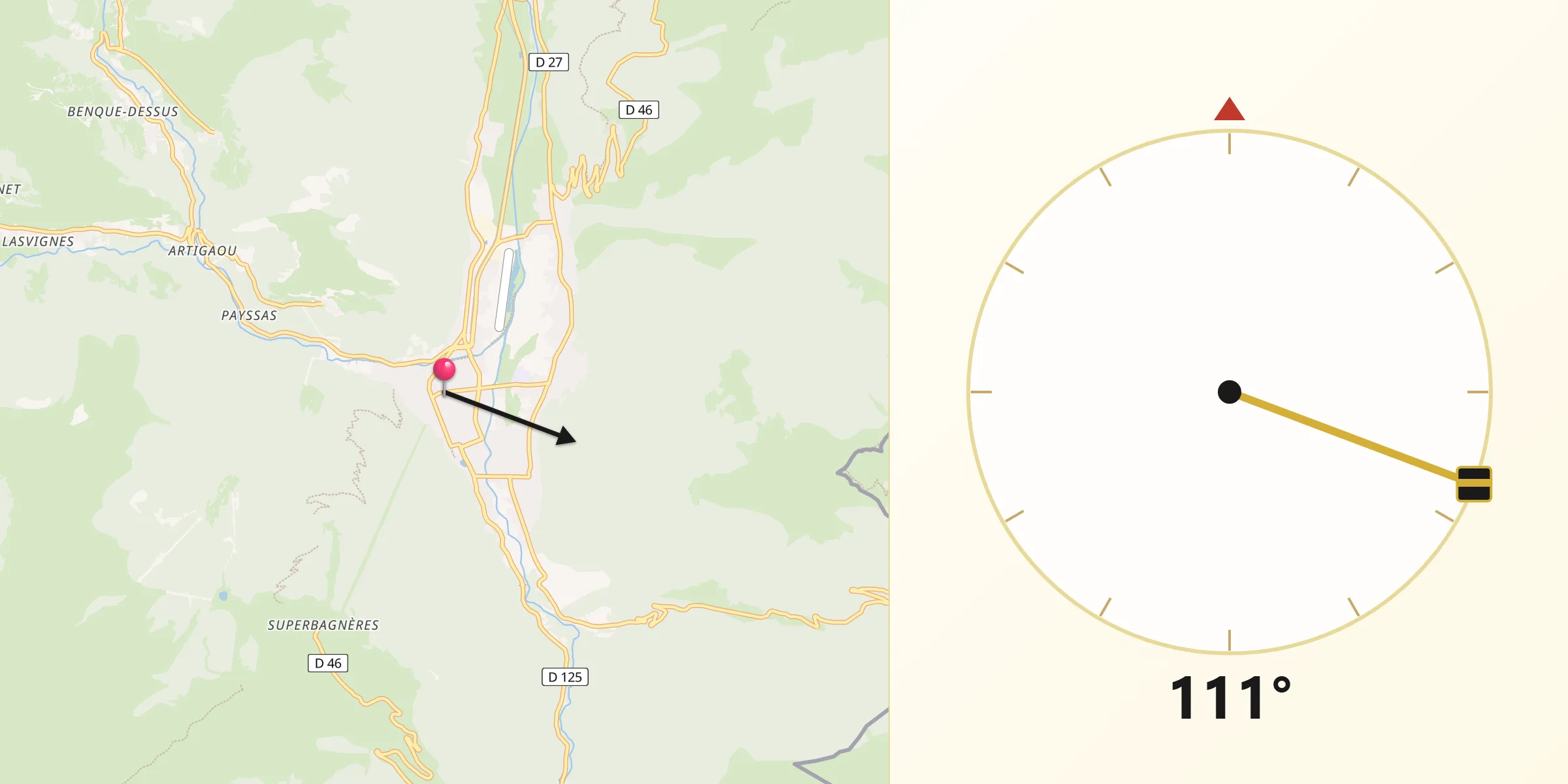 Direction vers la Qibla depuis Bagnères-de-Luchon