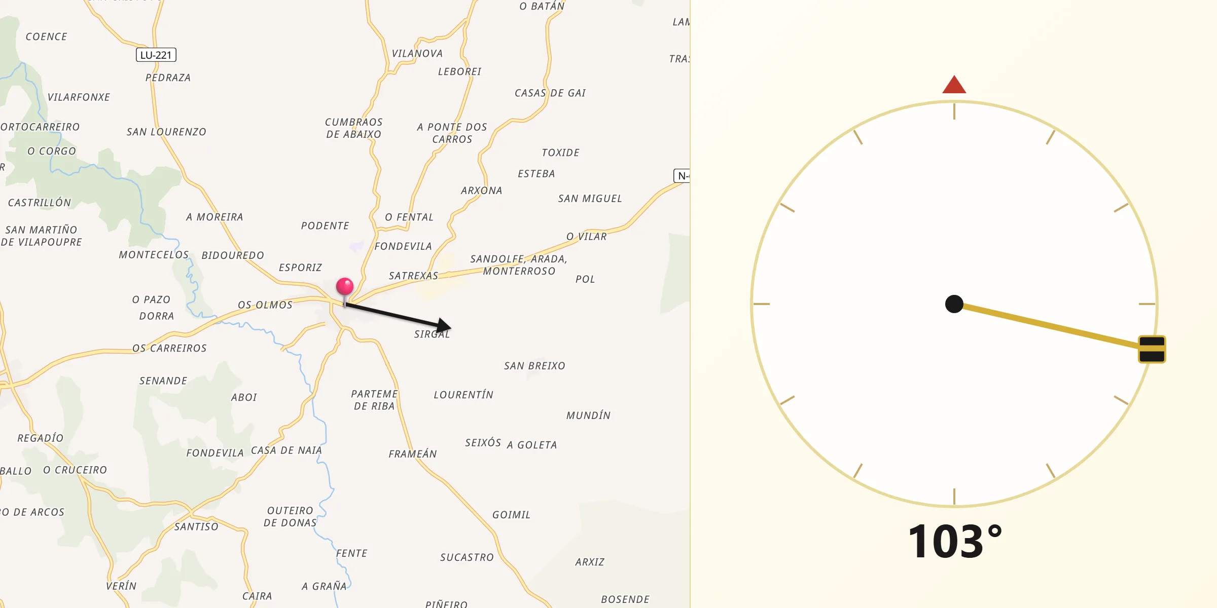 Dirección de la Qibla desde Monterroso