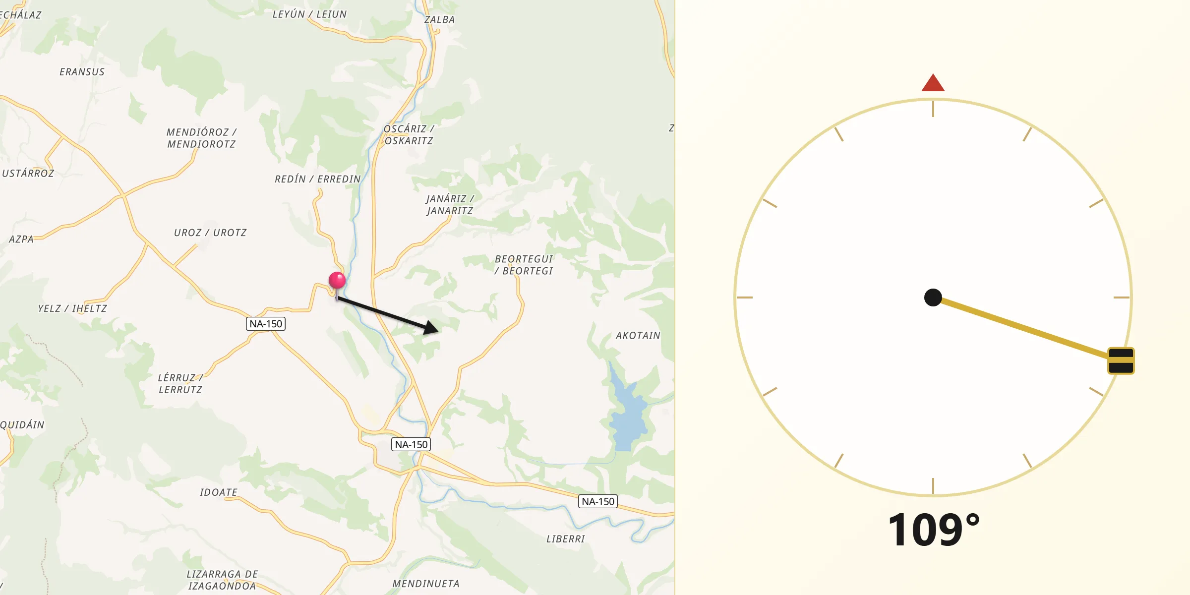 Dirección de la Qibla desde Lizoáin-Arriasgoiti