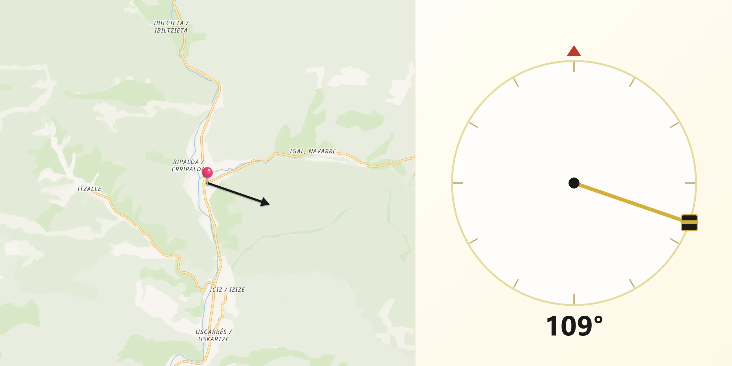 Dirección de la Qibla desde Güesa/Gorza