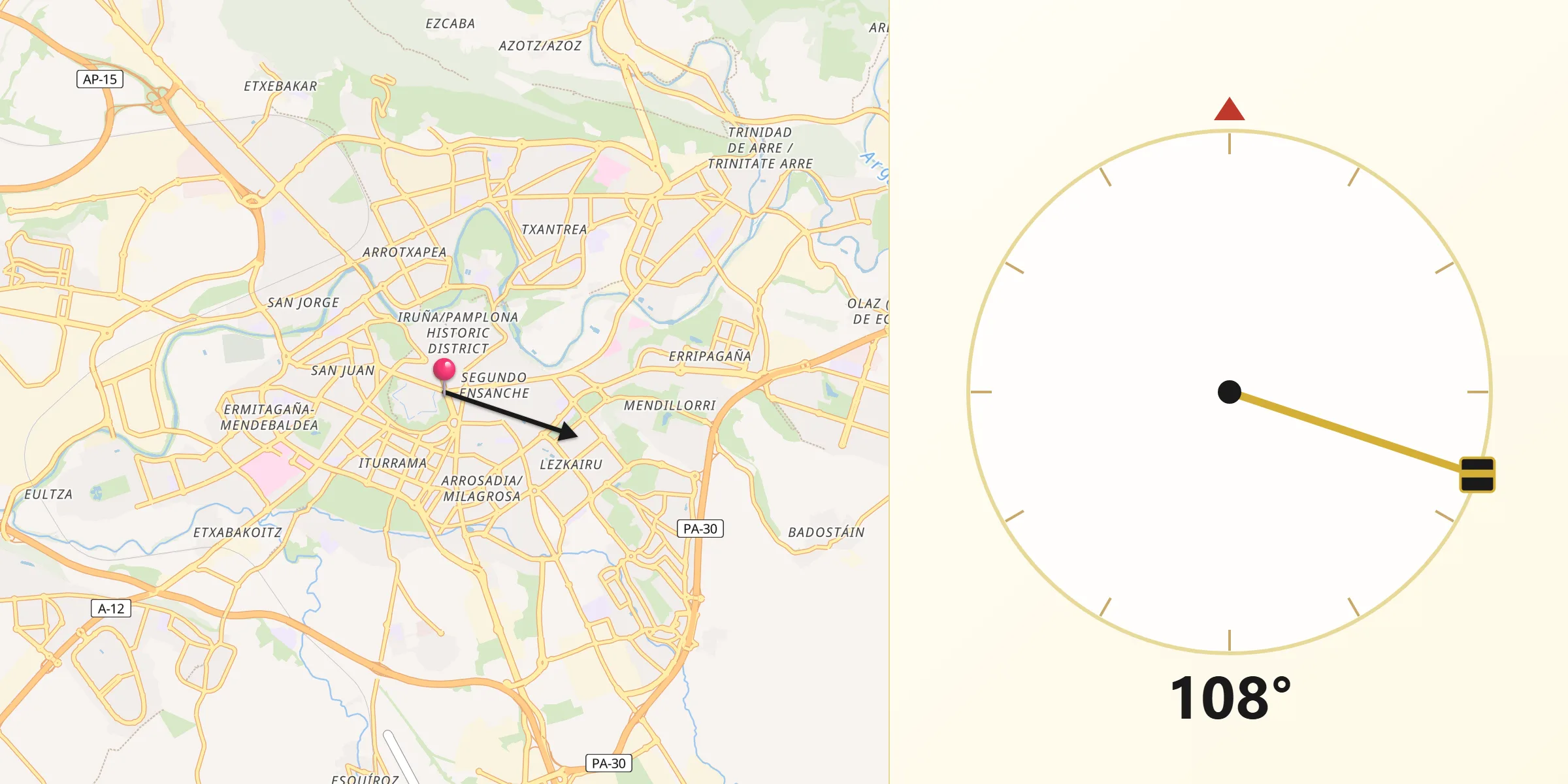 Dirección de la Qibla desde Pamplona/Iruña