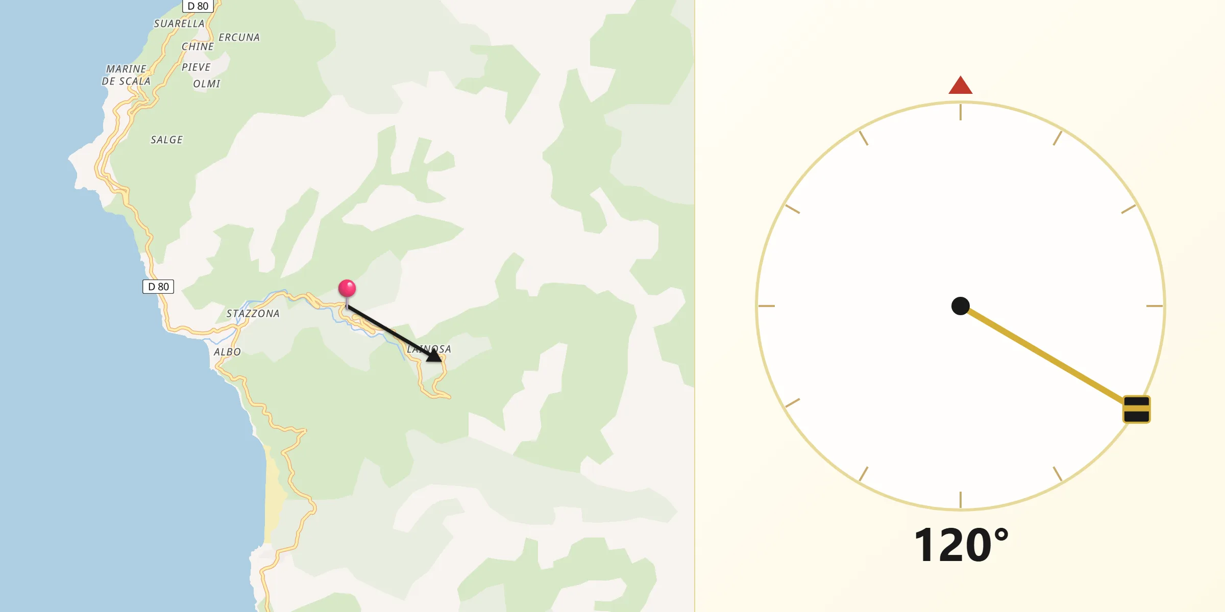 Direction vers la Qibla depuis Sisco